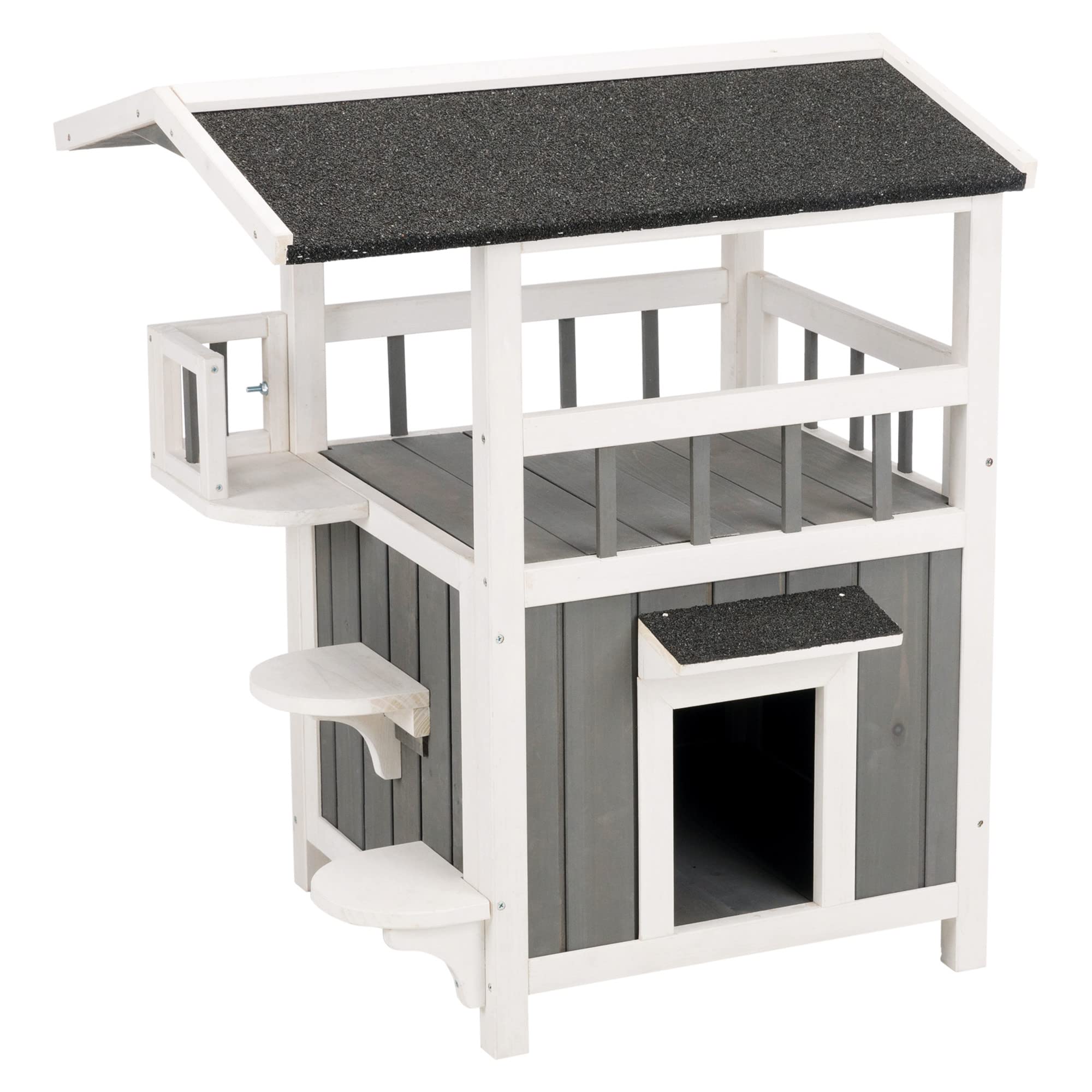 Trixie Outdoor Cat House, Weatherproof 2-Story Cat House With Balcony And Shade, Side Steps, Railings & Raised Floor, Outdoor Sh