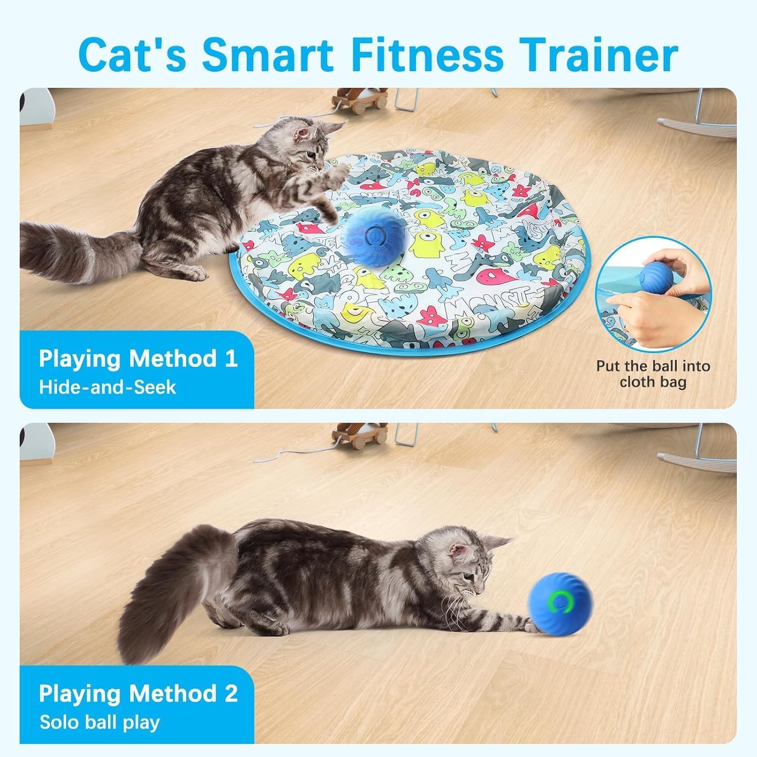 Zelikovitz Interactive Cat Toys, Fast Bouncing & Rolling Ball In Play Mat, Automatic Motion Activated Moving Ball Hide And Seek