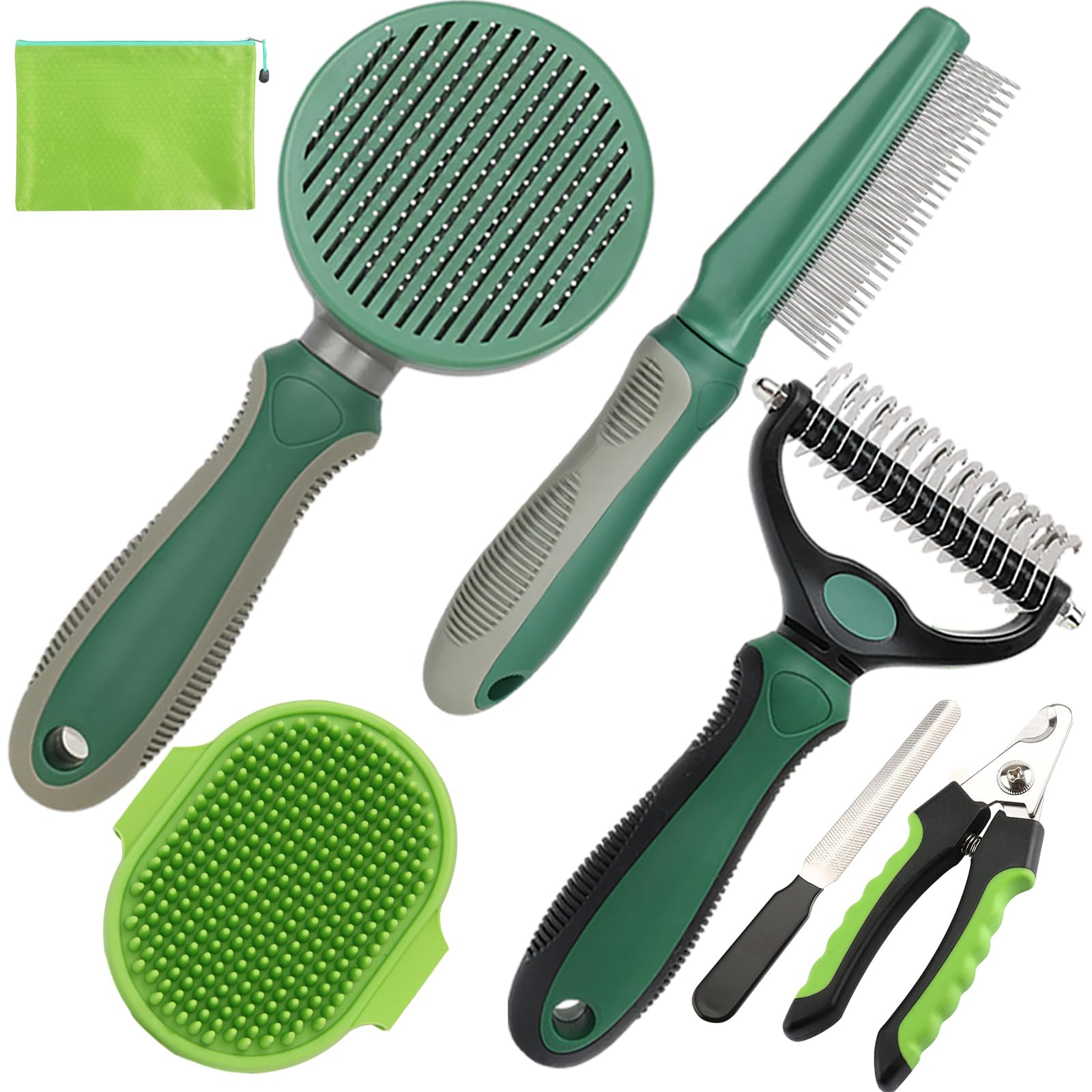 Kueiox Pet Grooming Kit - 7 Pcs Green Deshedding Brush Set With Undercoat Rake, Slicker Brush, Bath Brush & Nail Clipper For Sho
