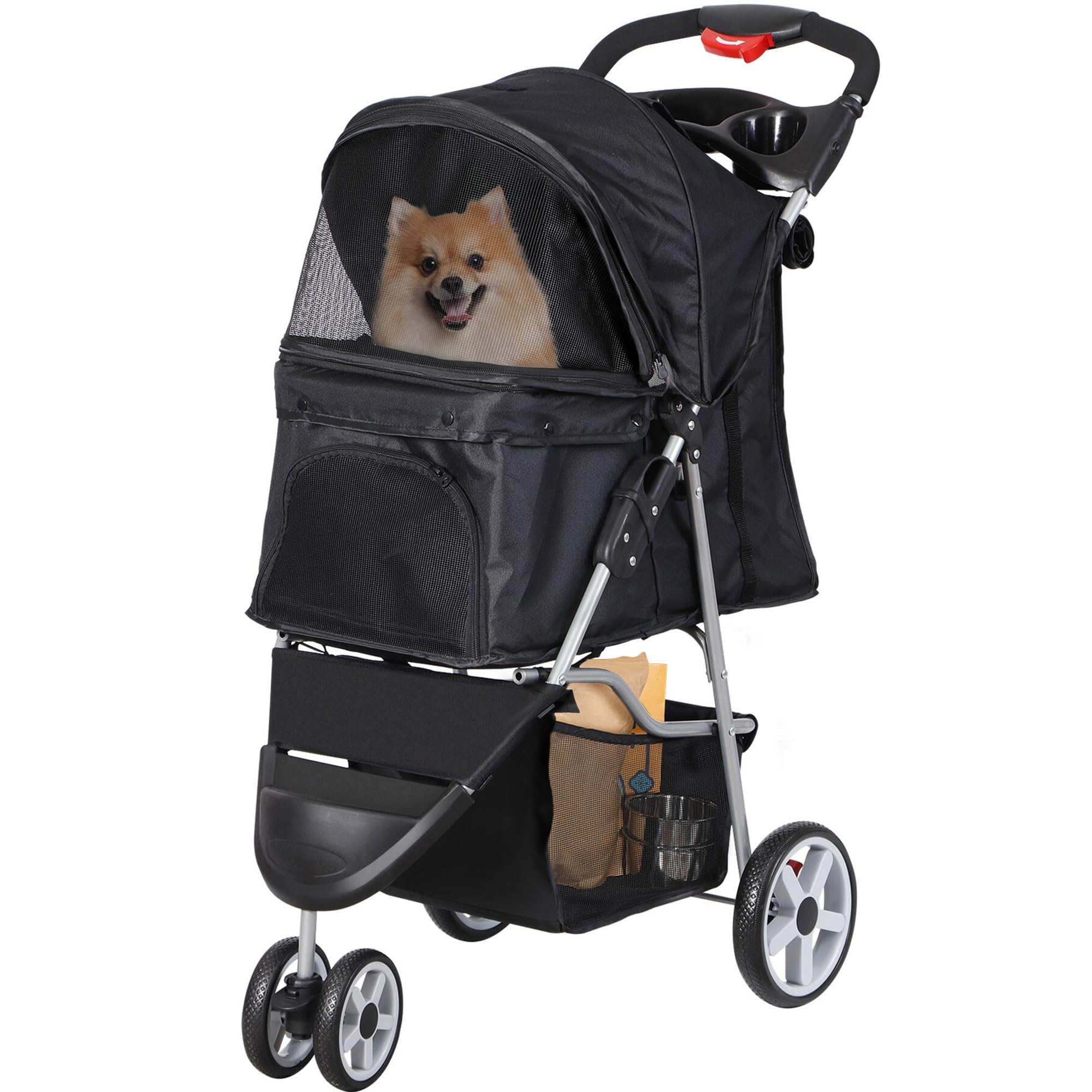 Foldable Pet Stroller For Cats And Dogs 3 Wheels Carrier Strolling Cart With Weather Cover, Storage Basket + Cup Holder (Black)
