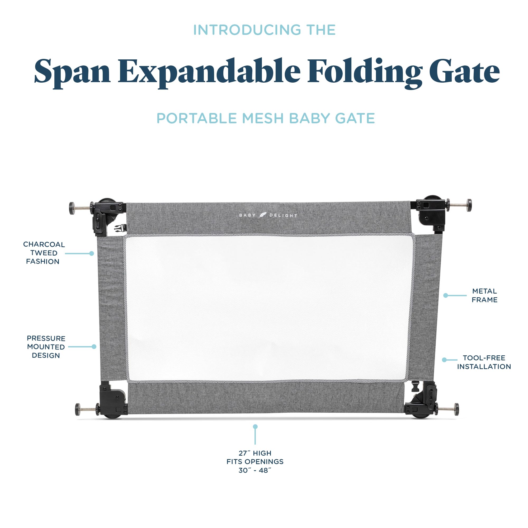 Baby Delight Go with Me Portable Mesh Baby Gate | Span 30-48'' Expandable Folding Gate | Pressure Mounted | Charcoal Tweed