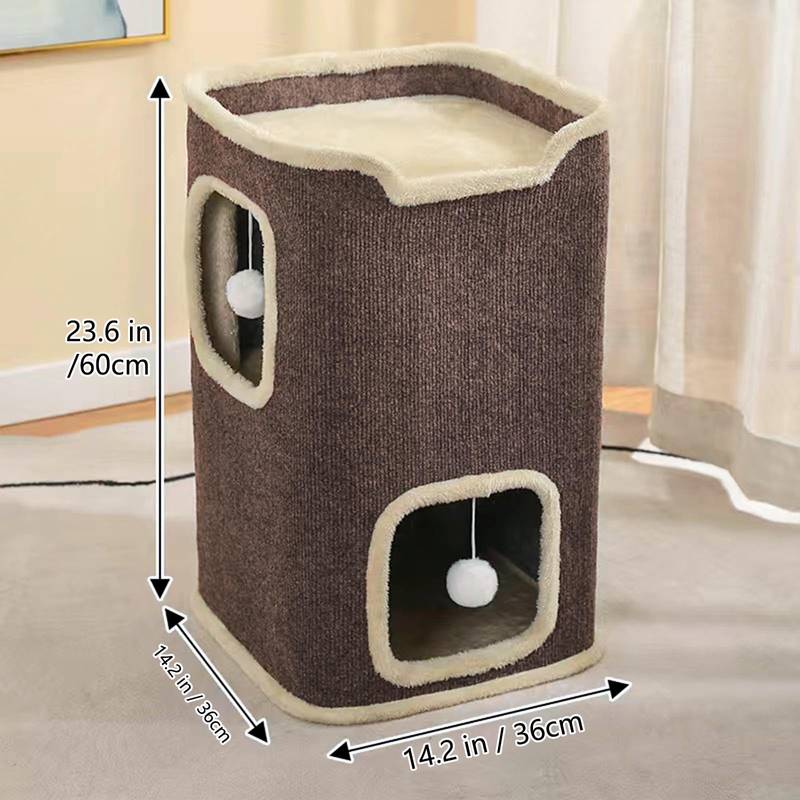 Pempet Cat House For Indoor Cats Beds, Multi-Level Cat Condo Foldable Cat Cave Brown, 2-Level