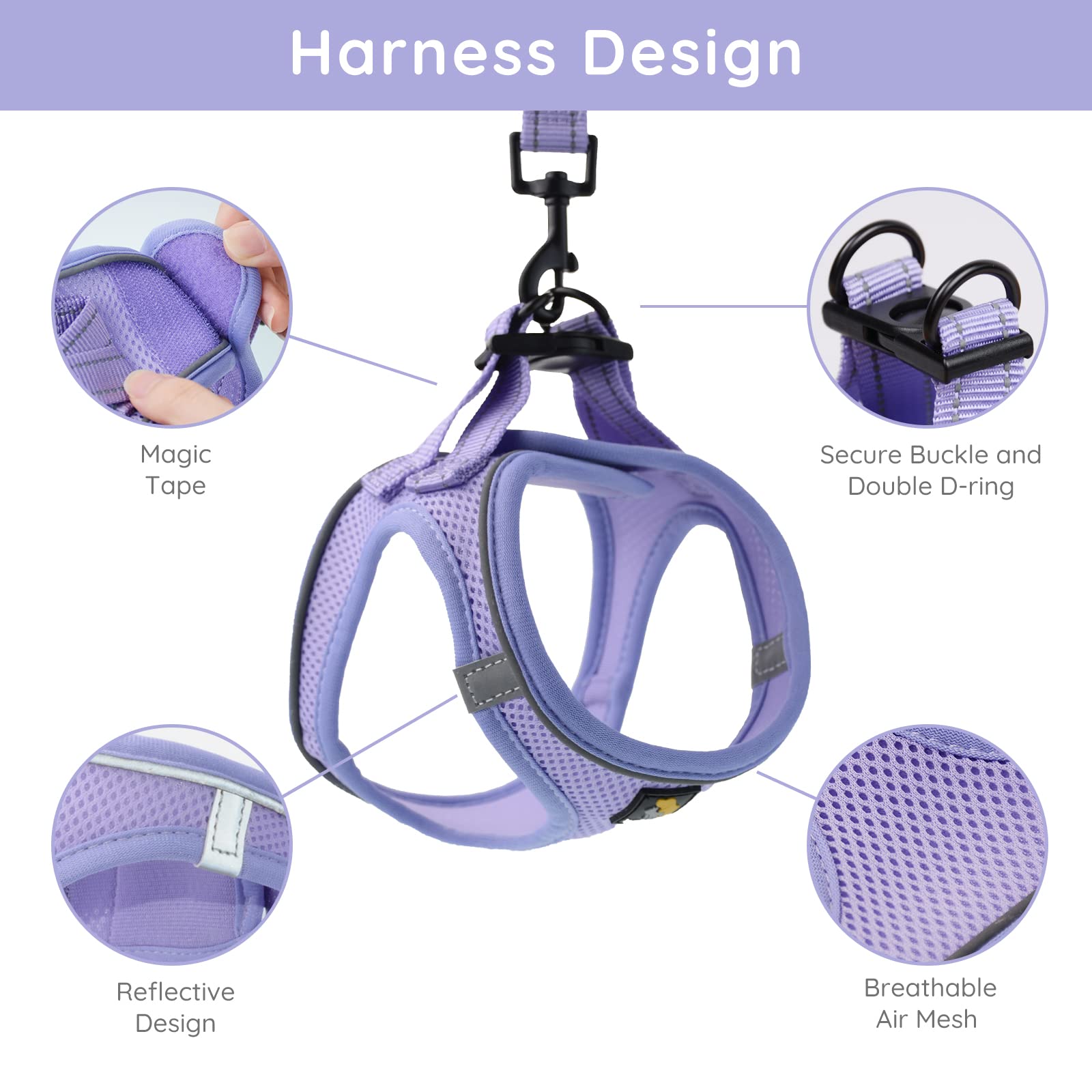 Bella & Pal Puppy Harness With Leash Set, Dog Harness For Small Dogs No Pull, Dog Leash For Small Dogs, Step In Harness For Extra Small Dogs, Purple Lavender Harness, S