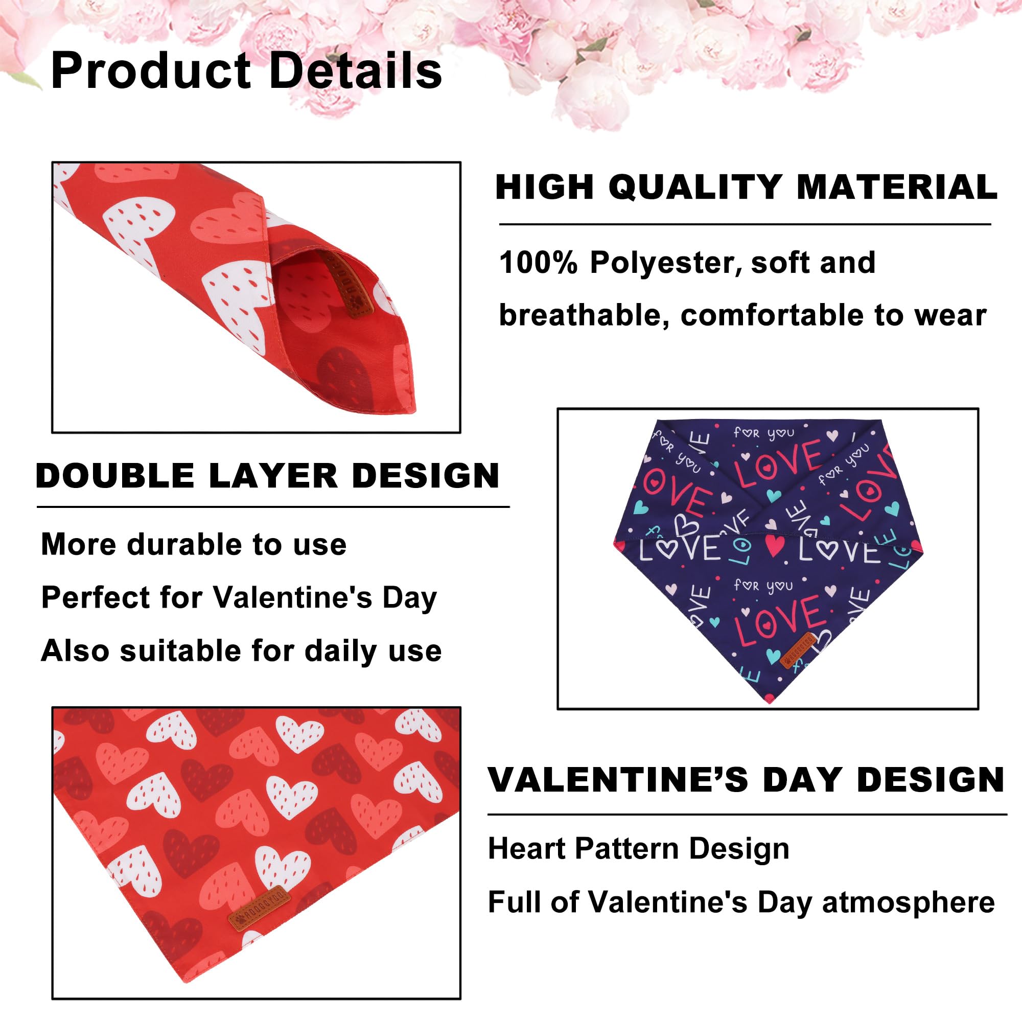 ADOGGYGO Valentine Dog Bandana, Red Blue Heart Love Pet Scarf, Adjustable Fit Pet Valentine Bandanas for Large and Extra Large D