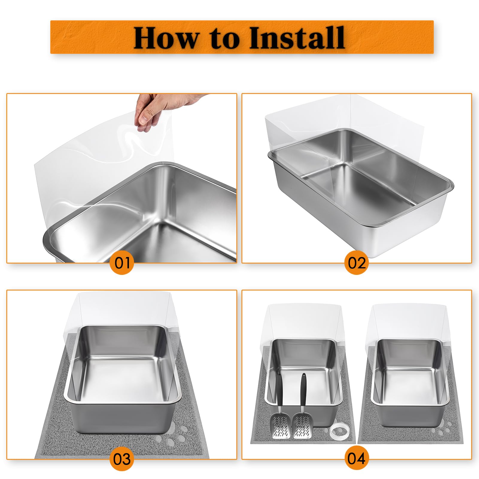 2 Pcs Stainless Steel Cat Litter Box, Extra Large Metal Litter Box With Plastic Shields, Kitty Basic Litter Pan 23.6'*15.8' Wi