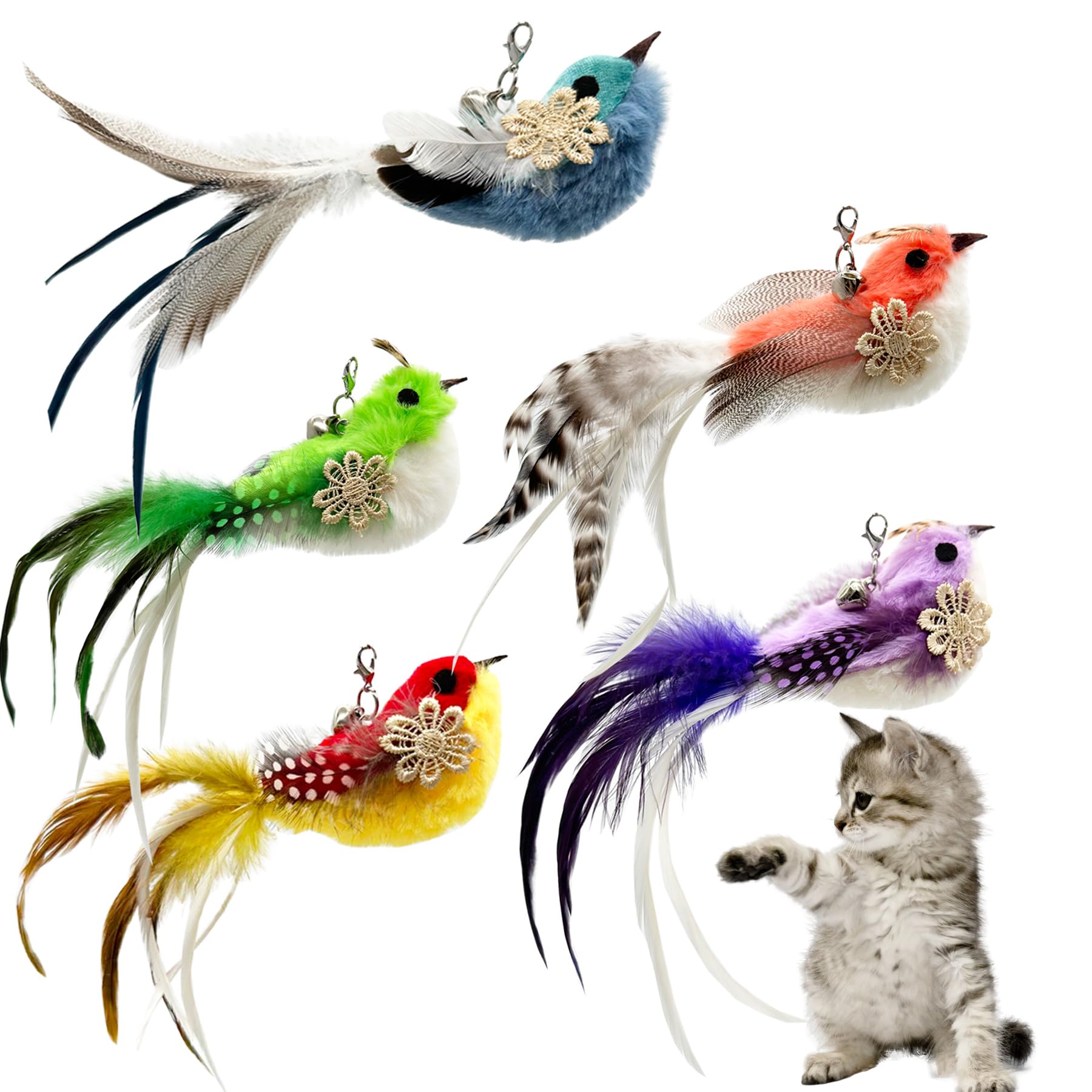 Cateneed Cat Feather Toys Refill, 5 Pieces Cat Wand Attachments Feathers Bird Toy For Indoor Cats