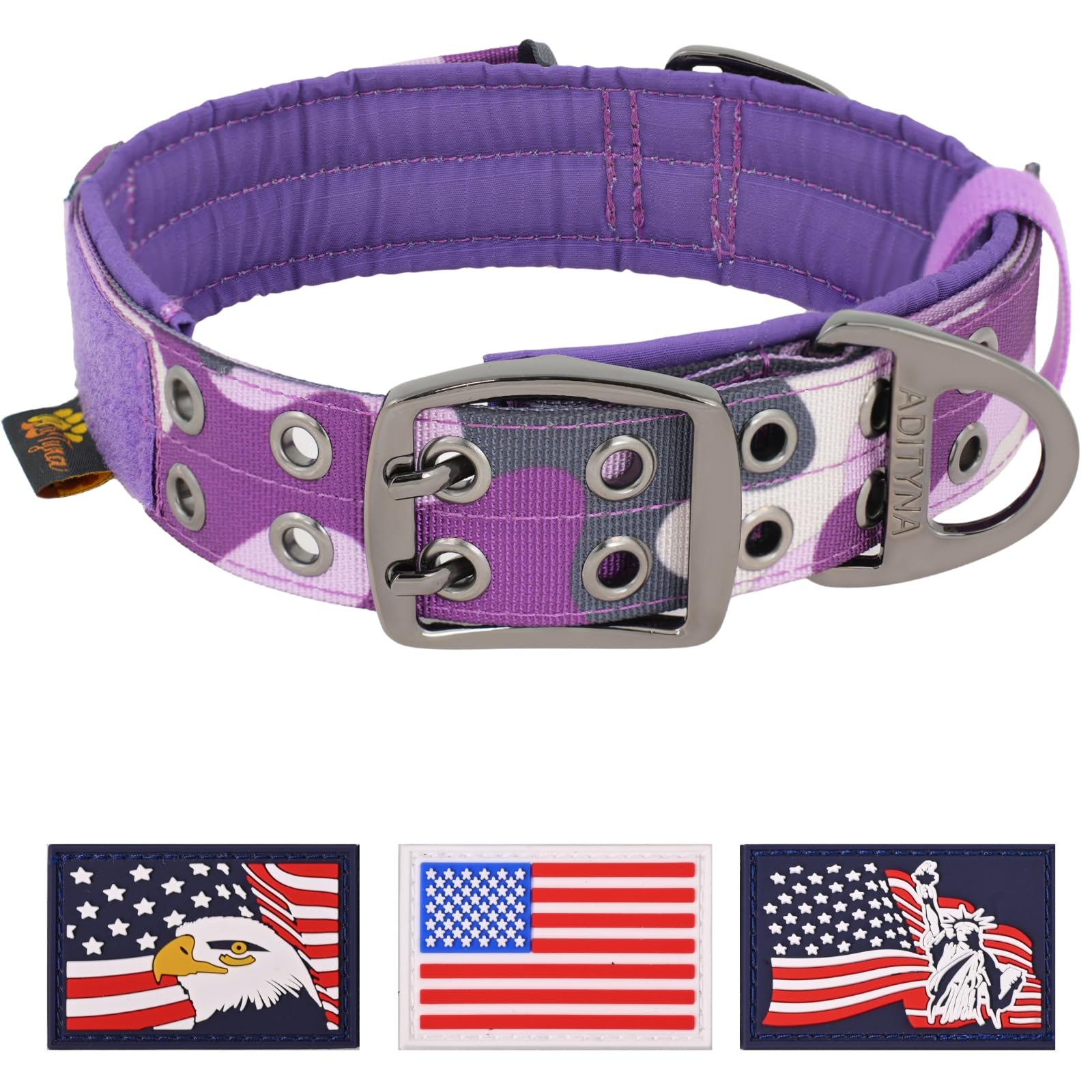Adityna Heavy Duty Dog Collar For Large Dogs - Camo Purple Collar With Handle For Training, And Walking - Wide, Thick, Tactical,