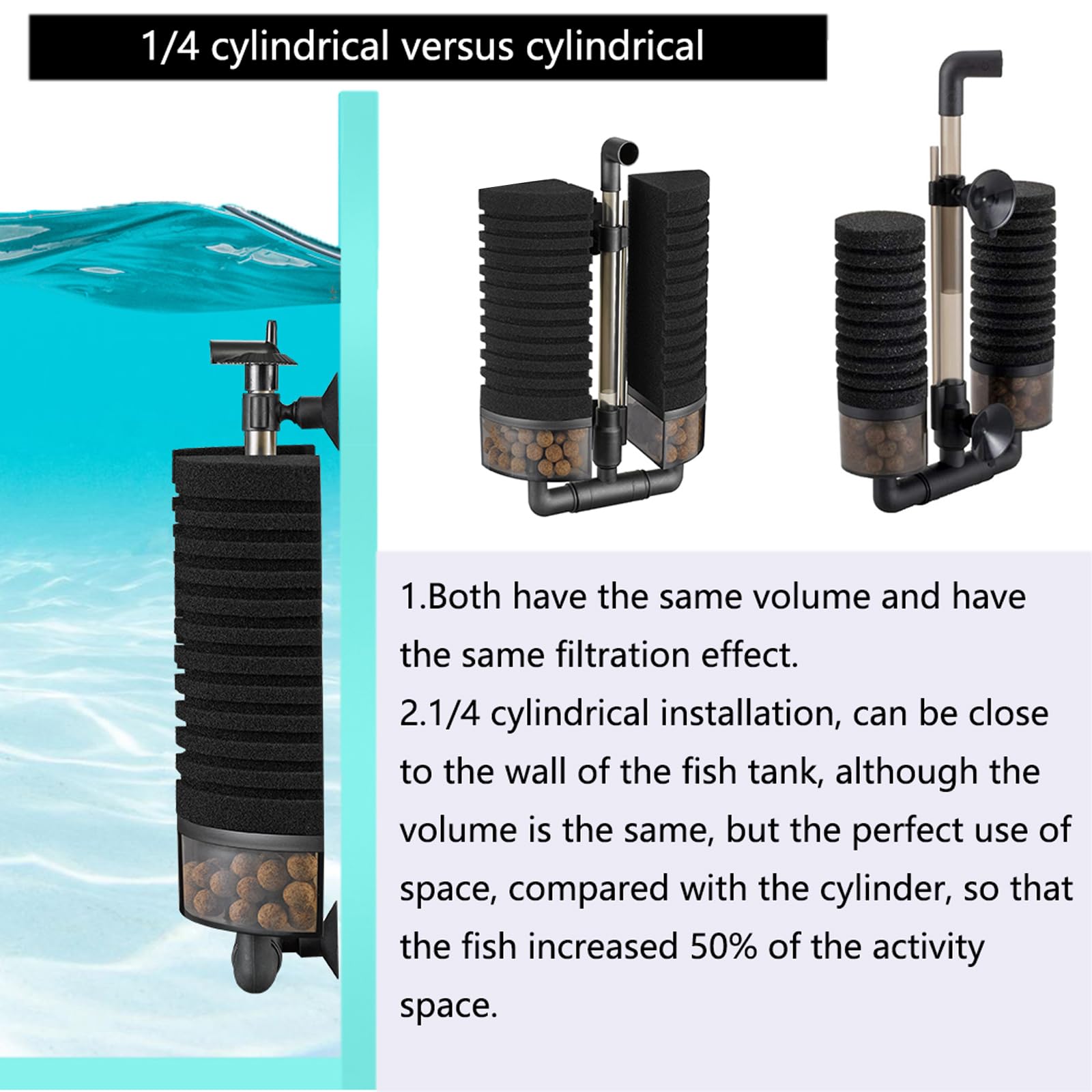 Carefree Fish Aquarium USB Filter Sponge Fish Tank Quiet Bubble Filter with 2 Sponges and 1 Bag of Filtered Ceramic Balls for Sa