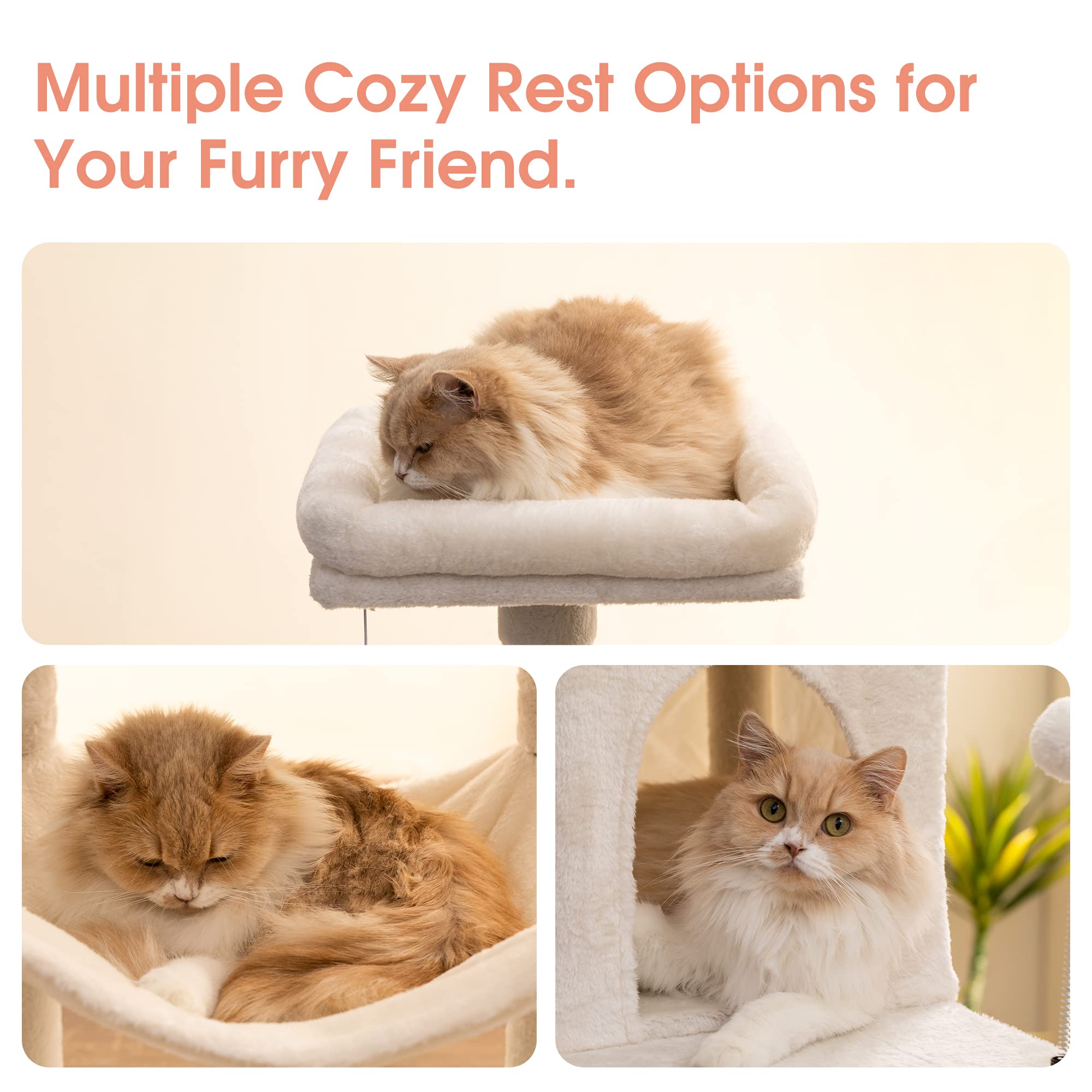 Mwpo 70.1-Inch Large Cat Tree, Multi-Level Tall Cat Tower For Indoor Cats, Plush Cat Condo With Big Padded Perches, Sisal-Covered Scratching Posts, Hammock, Toys For Kittens & Cats - Beige