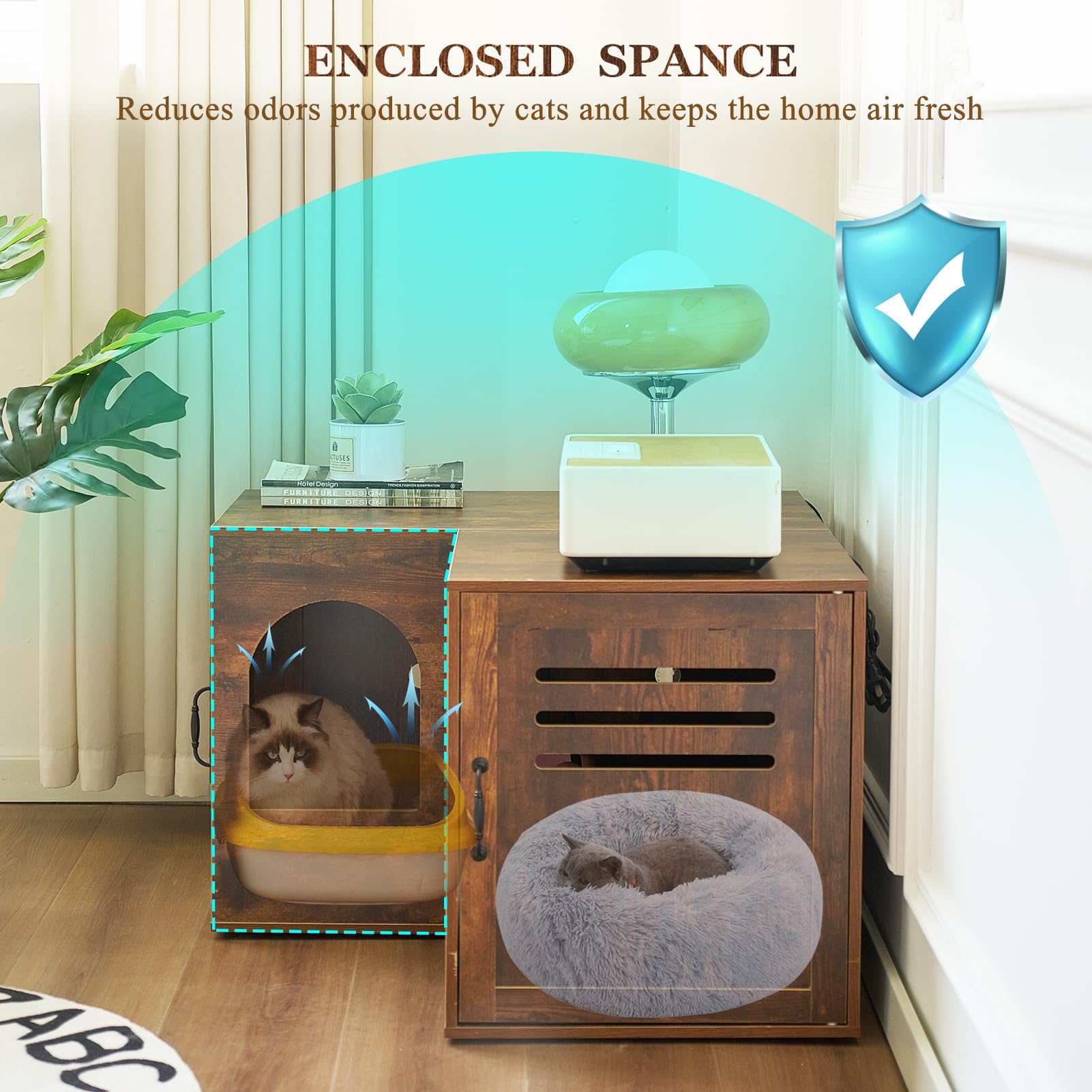 JanflyHome Corner Litter Box Enclosure, 31.5 Hidden Litter Box Furniture for 2 Cats, Indoor Cat House End Table with Double Room