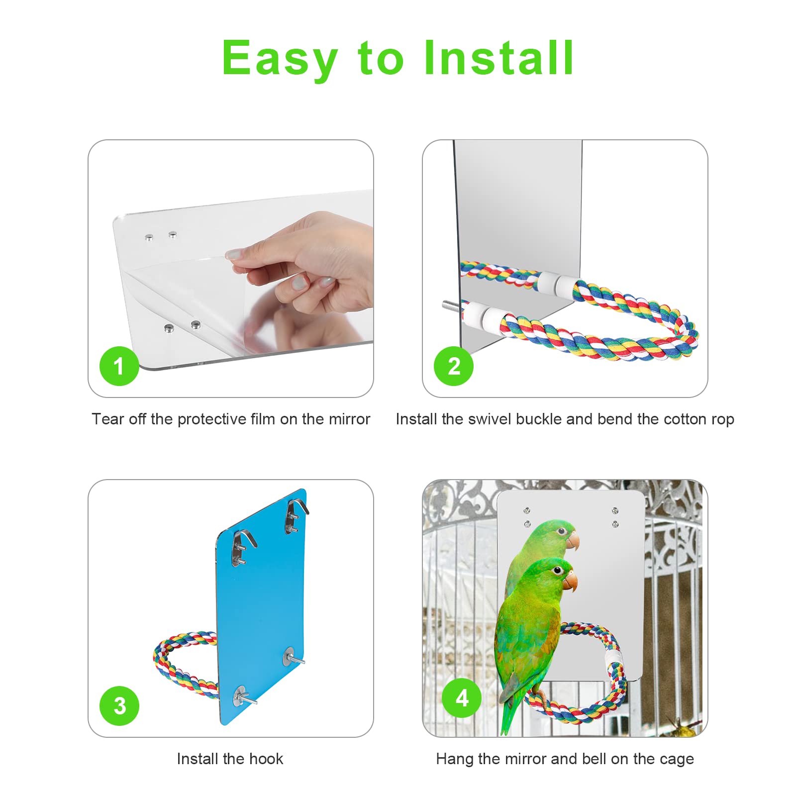 LOPERDEVE 10.6 Bird Mirror with Rope Perch - Swing Toy for Parakeets, Cockatiels, Conures, Lovebirds, and Finches