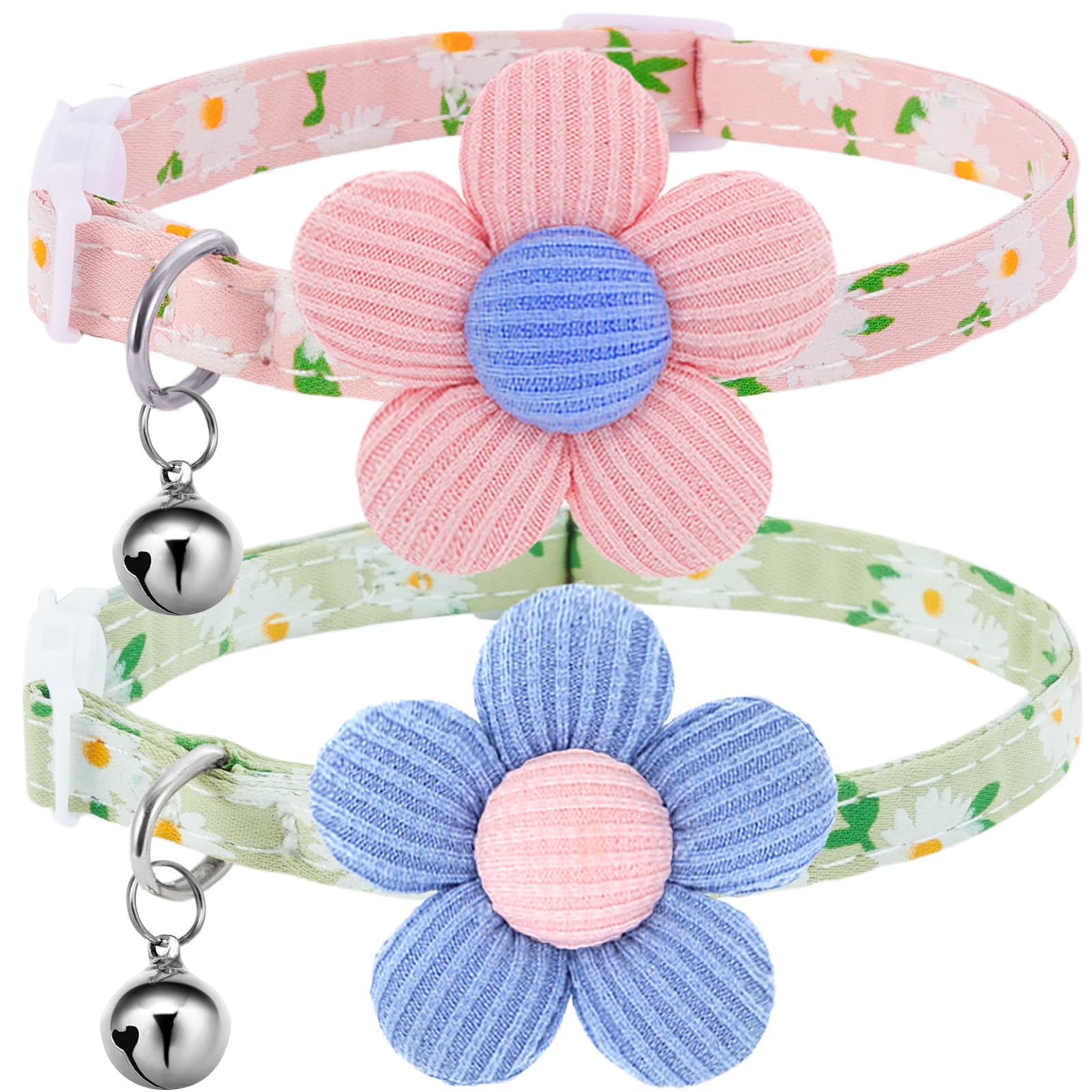 Cat Collar, Hanshilai Kitten Collar With Bells, Cute Cat Collar Breakaway For Girl Boy With Flower,Collar Para Gatos (2 Pack) (F