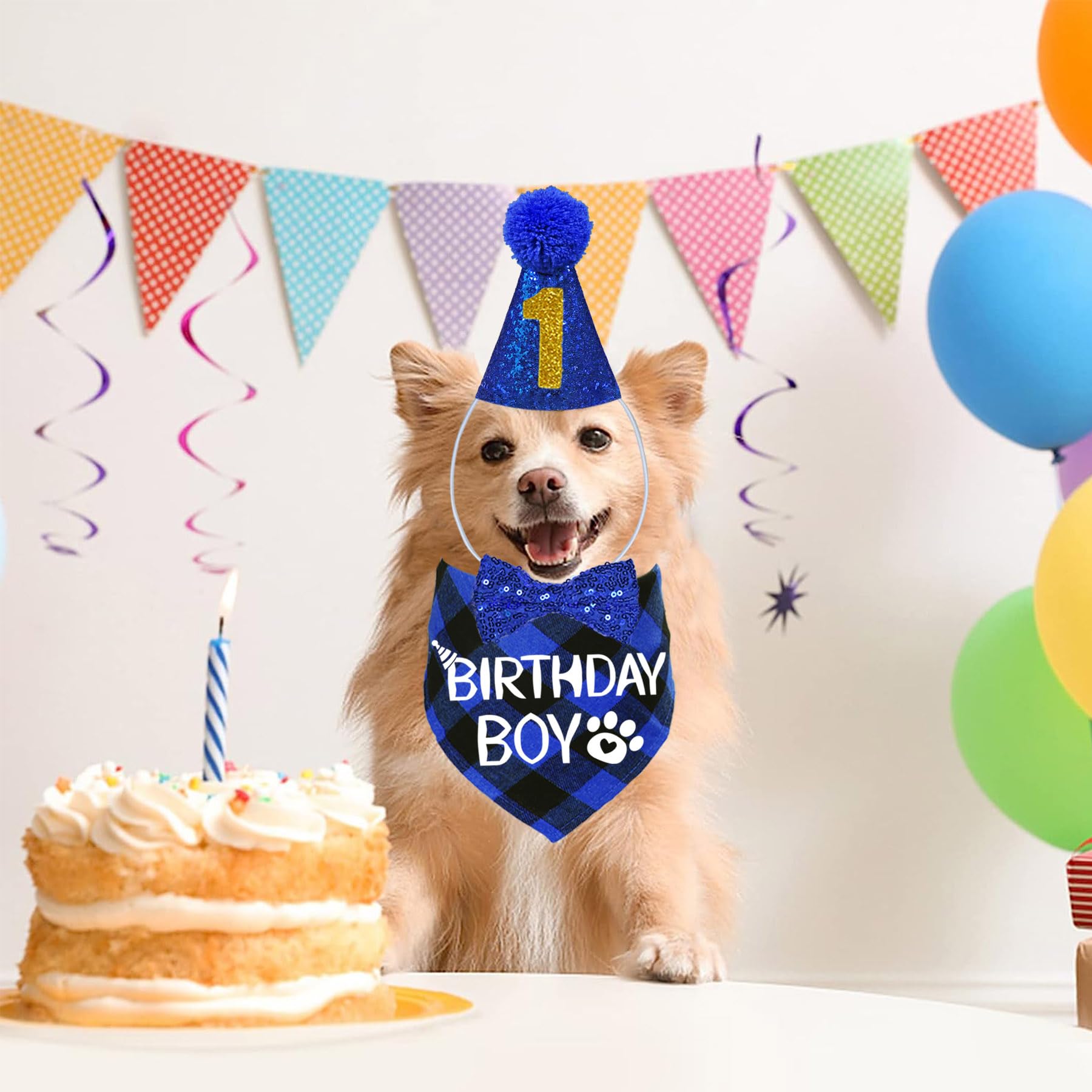 Stmk Dog Birthday Party Supplies, Multi Sizes Dog Birthday Hat With Numbers Bandana Bow Tie For Small Medium Dogs Pets (Small, B