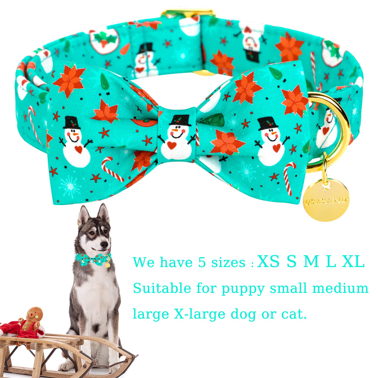Up Urara Pup Dog Collar With Bow Tie, Christmas Comfortable Cotton Dog Bowtie Collar, Snowman Collar For Medium Girl Boy Dog, Durable Metal Buckle Green Dog Collar Bowtie, M, Neck 13.5-22In, Winter