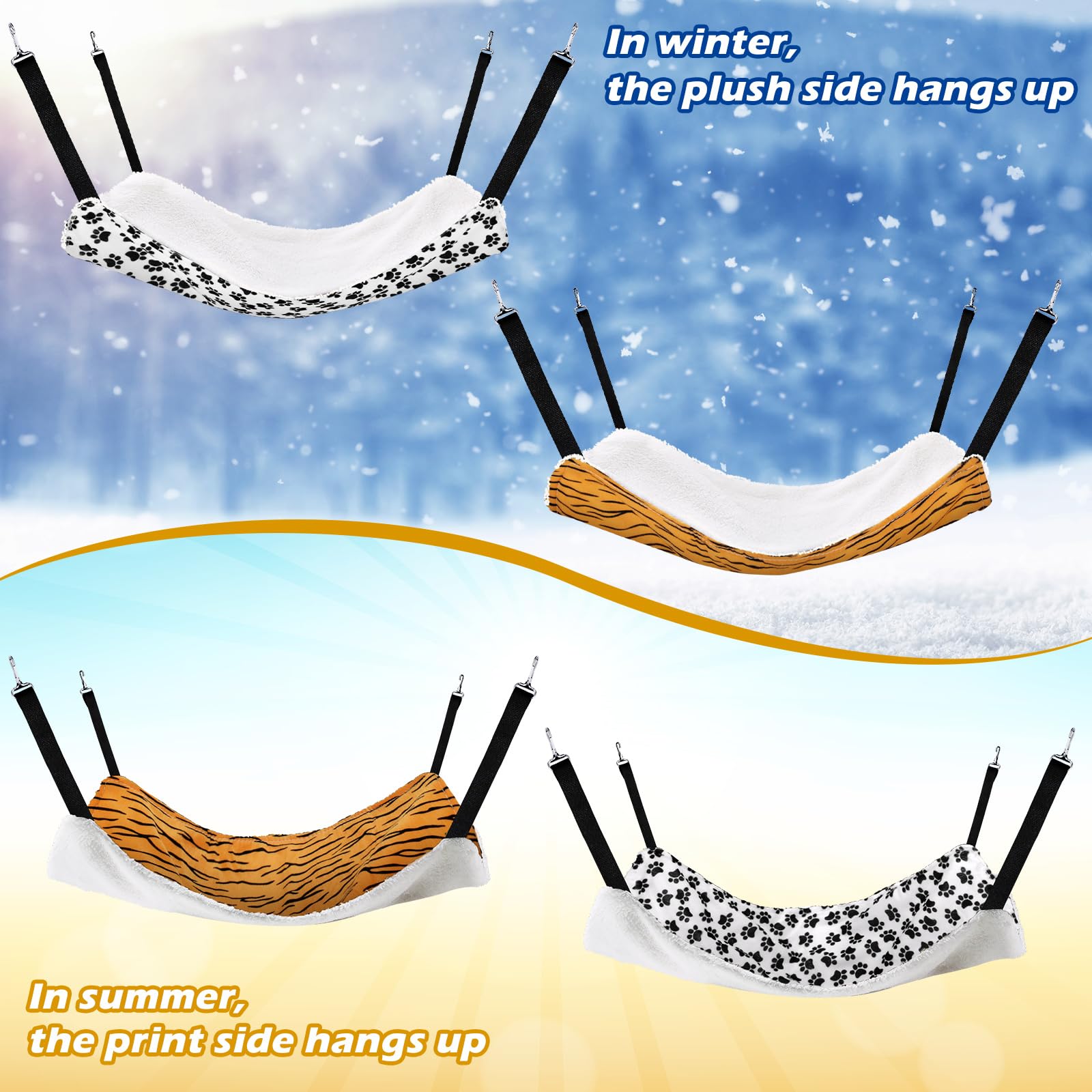 2 Pieces Reversible Cat Hanging Hammock Soft Breathable Pet Cage Hammock With Adjustable Straps And Metal Hooks Double-Sided Hanging Bed For Cats Small Dogs Rabbits (Zebra And Cat Paw Print, M)