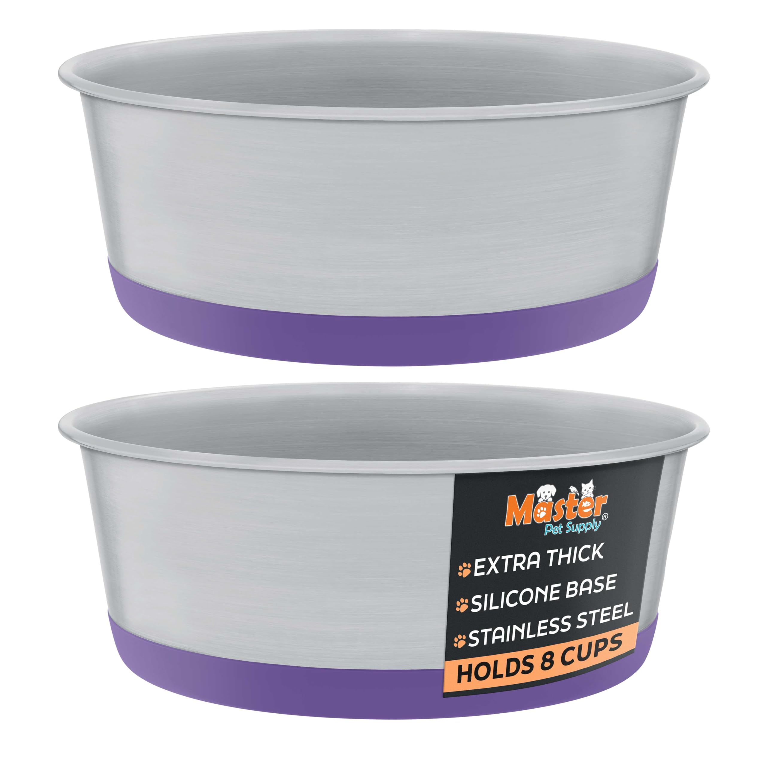 Master Pet Supply Stainless Steel Dog Bowls Set of 2 with Extra Thick Silicone Base - 8 Cup (64 oz) Plum Crazy, Non-Slip, Dishwa