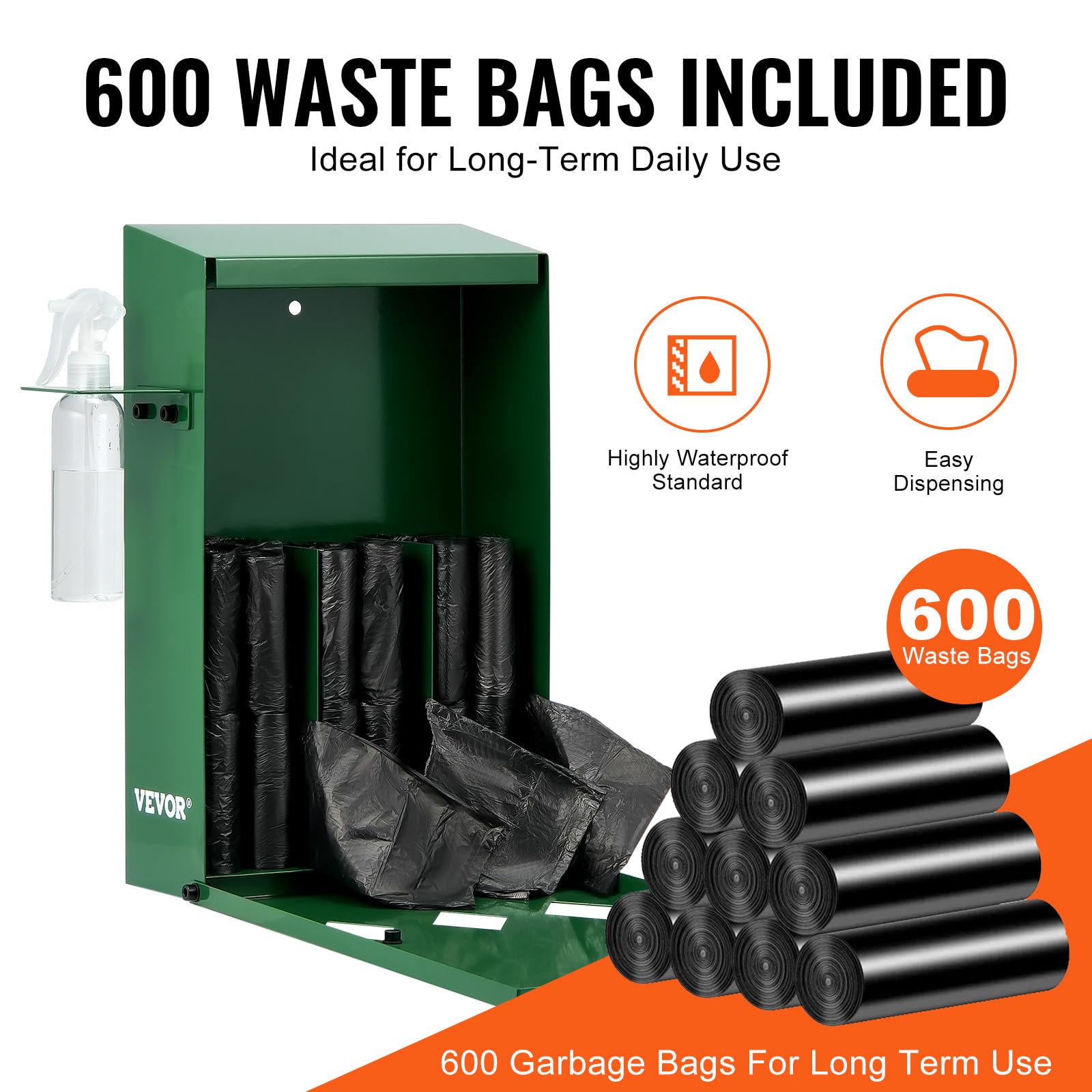 VEVOR Dog Poop Bag Dispenser with Hand Wash Bottle, Lockable Outdoor Dog Waste Bag Holder with 600 Waste Bags, Stake, Pole, Fenc