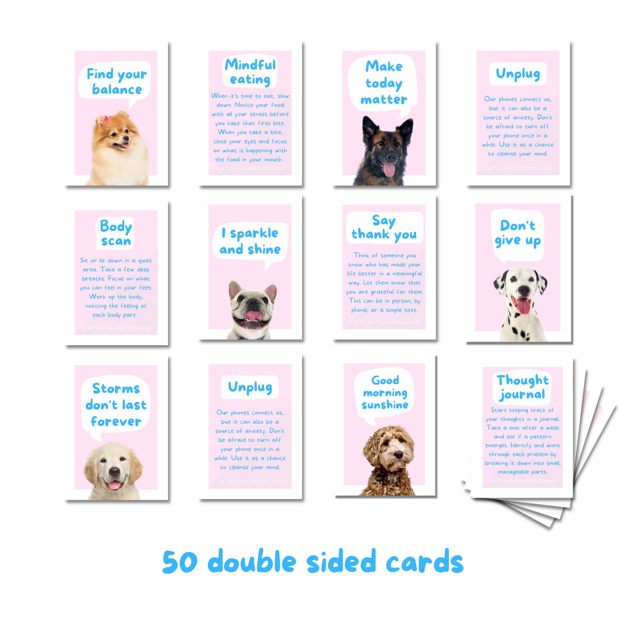Catchyourdreams Dogs Against Anxiety Cards - 50 Cards for Self Esteem and Stress, Affirmations for Anxiety Emotions Oracle Tarot