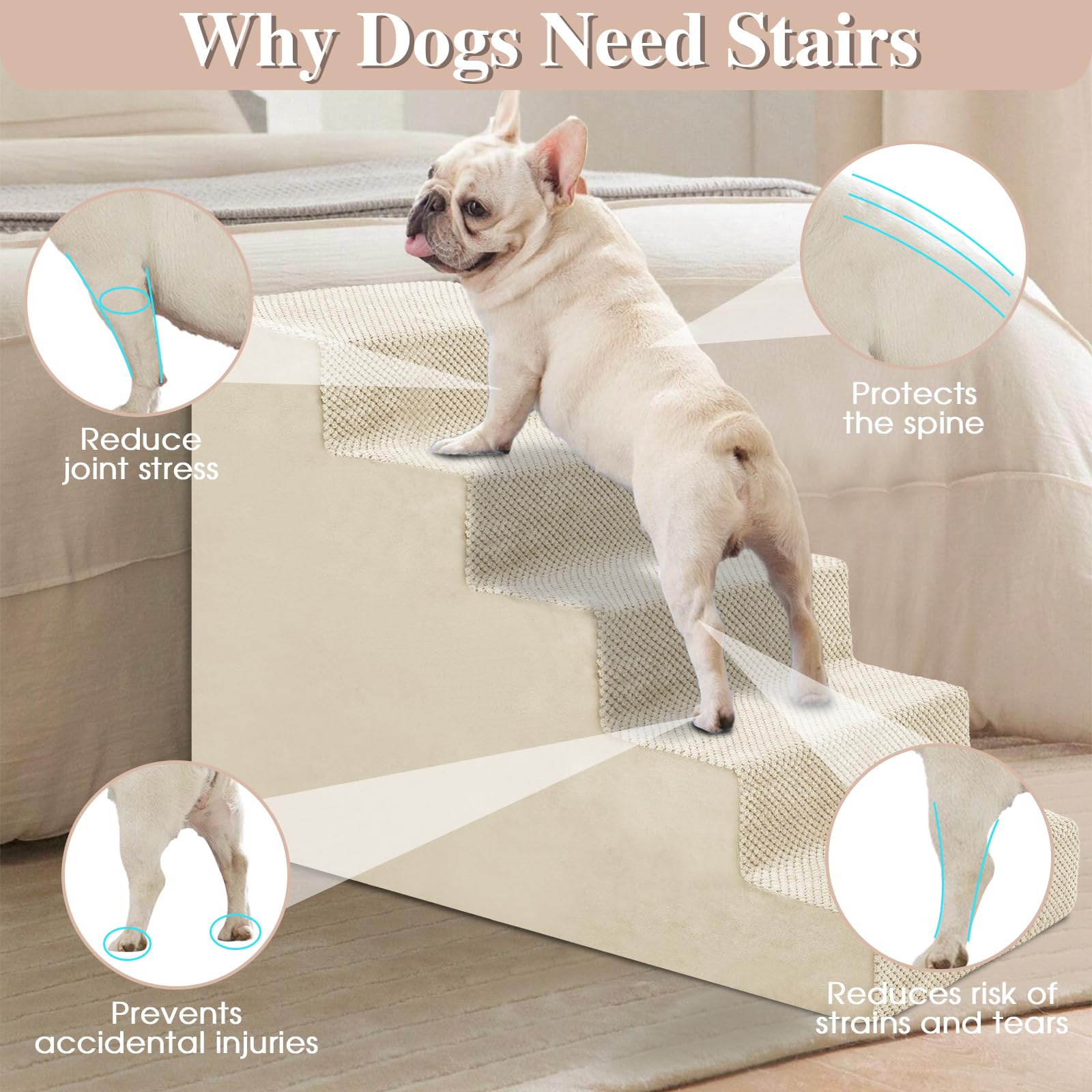 GGIB Dog Stairs for Small Dogs Pet Stairs for Sofa Couch Dog Ramp Pet Steps with Removable Washable Cover, Beige, 22'' H, 5-Step