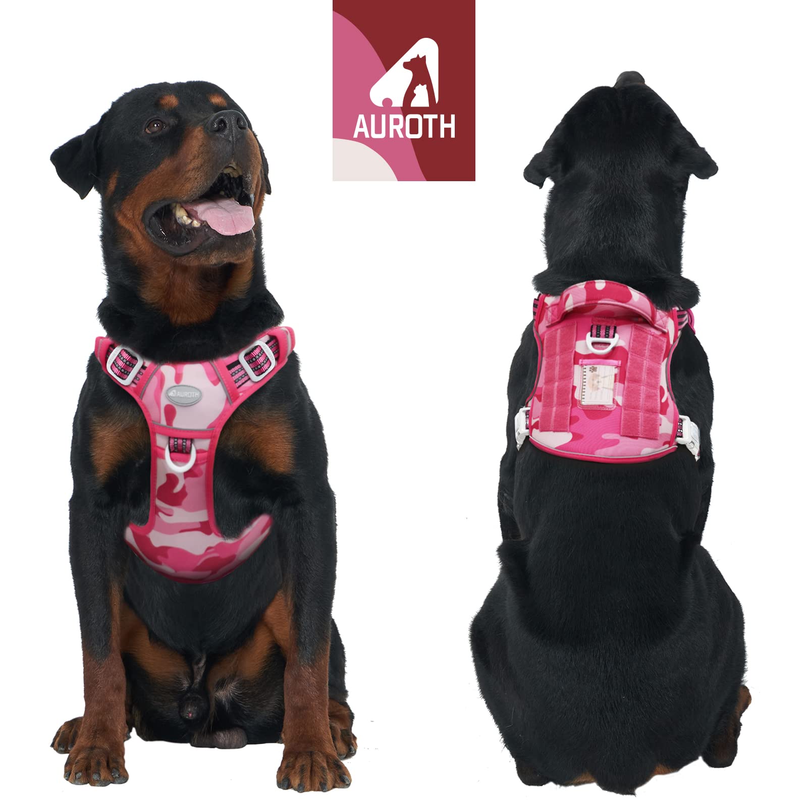 Auroth Tactical Dog Harness For Small Medium Large Dogs No Pull Adjustable Reflective K9 Working Training Easy Control Pet Vest Military Service Harnesses, Pink Camo