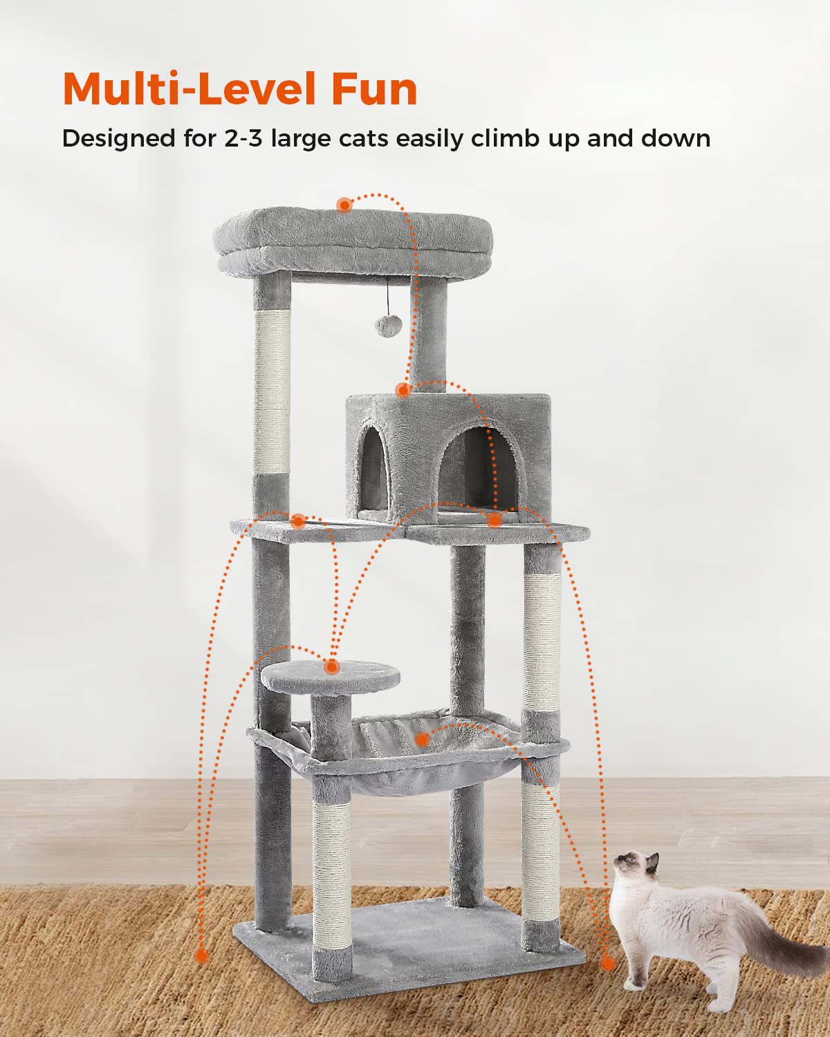 Muttros Cat Tree For Large Cats Adult With Metal Plush Big Hammock, 56.3'' Cat Tower With 2 Door Condo House, 6-Tier Cat Shelves