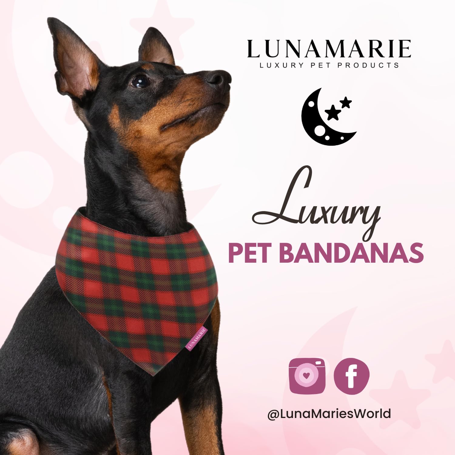 LunaMarie - Luxury Pet Birthday Bandanas -Premium & Silky Poly Fabric | 100% Handmade | Custom Shape Dual Layered (Jingle Plaid,