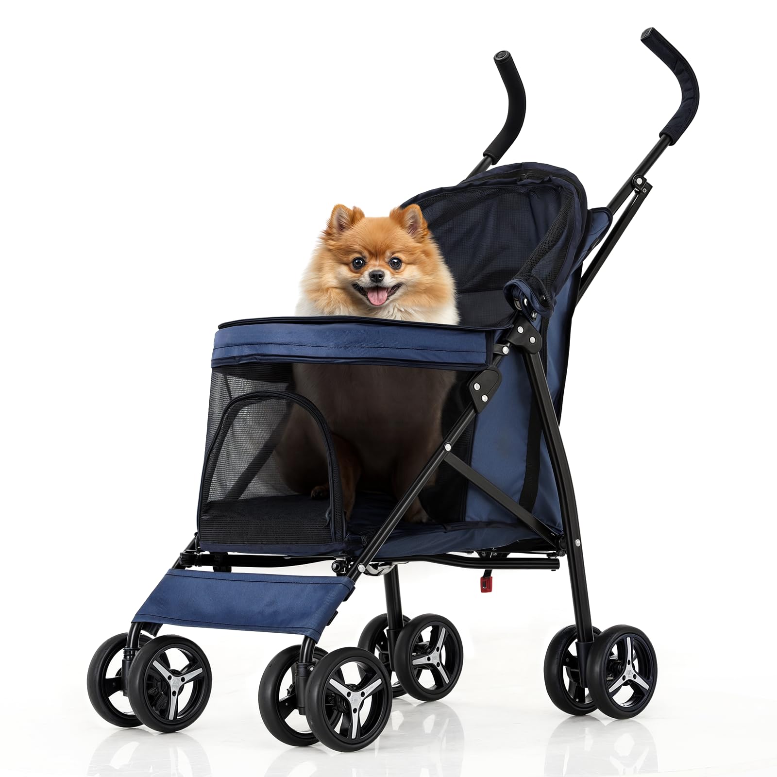 Monibloom 4 Wheels Pet Stroller, Easy-Fold Puppy Cage Jogger Stroller With Sun Cover, Pad And Rear Storage Bag, Breathable And V