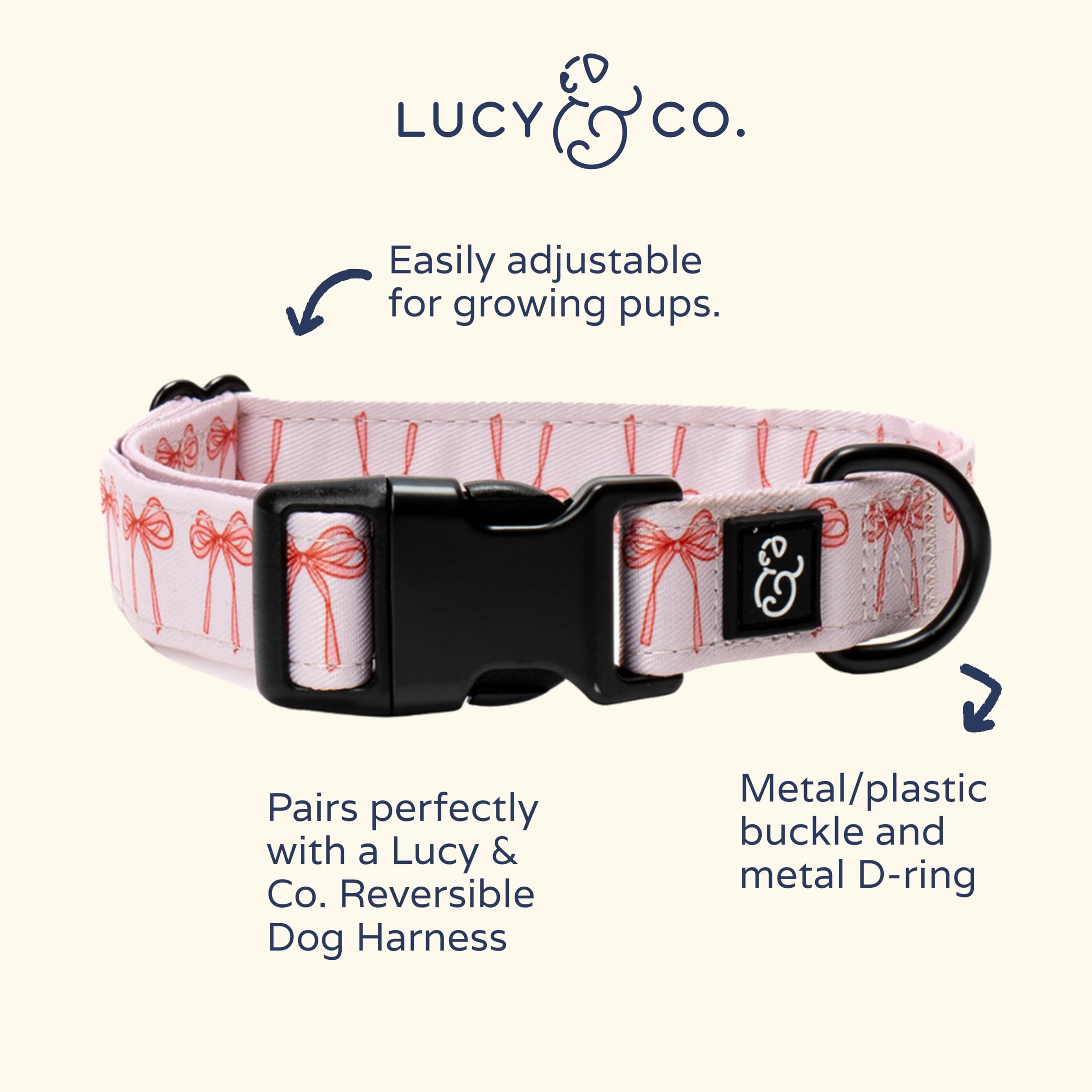 Lucy & Co. Ballet Bows Dog Collar - Durable Lightweight Designer Collar For Pets - Adjustable Metal Safety Buckle - White & Pink
