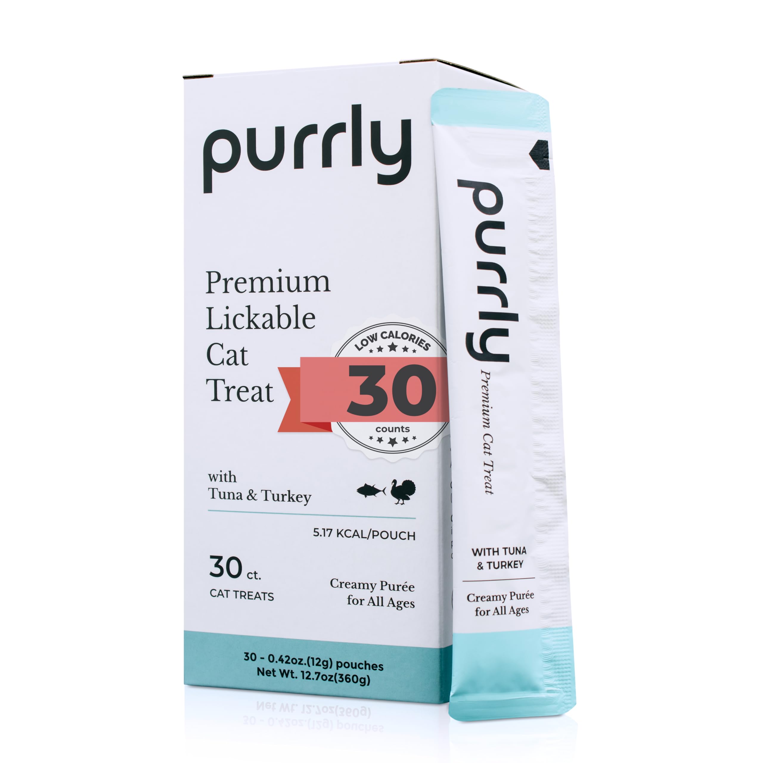 Purrly Lickable Cat Treat Healthy Human-Grade Tuna & Turkey with L-Lysine & Astaxanthin for Immunity (30 Count) Soft Healthy Low
