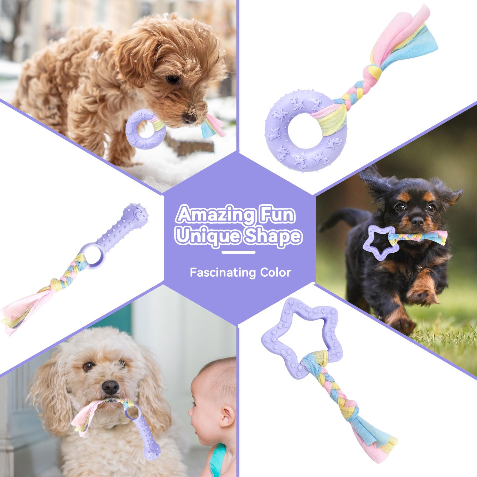 Petcare 6 Pack Puppy Teething Toys, Cute Purple Small Dog Chew Toys For Puppies 0-6 Months, Soft Rubber Rope Dog Teething Toys,