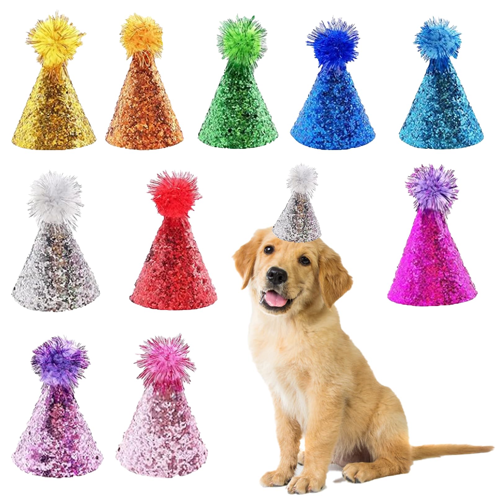 Cellcacn 10Pcs Dog Birthday Hat Set For Medium Large Breed, Dogs Cat Party Hat With Adjustable Headbands, Cute Pet Birthday Hat 