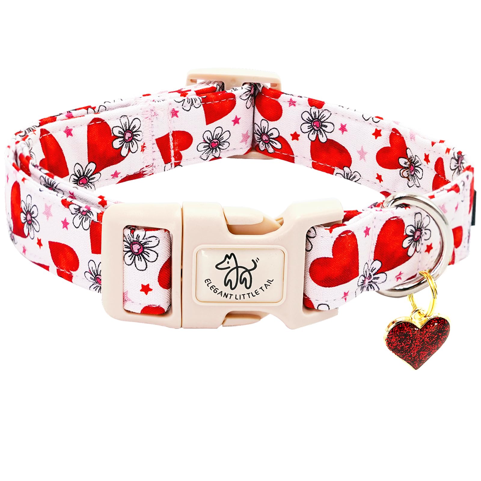 Elegant Little Tail Valentine'S Dog Collar, Flower Pink Heart Dog Collar For Small Dogs, Female Or Male Adjustable Cotton Pet Co