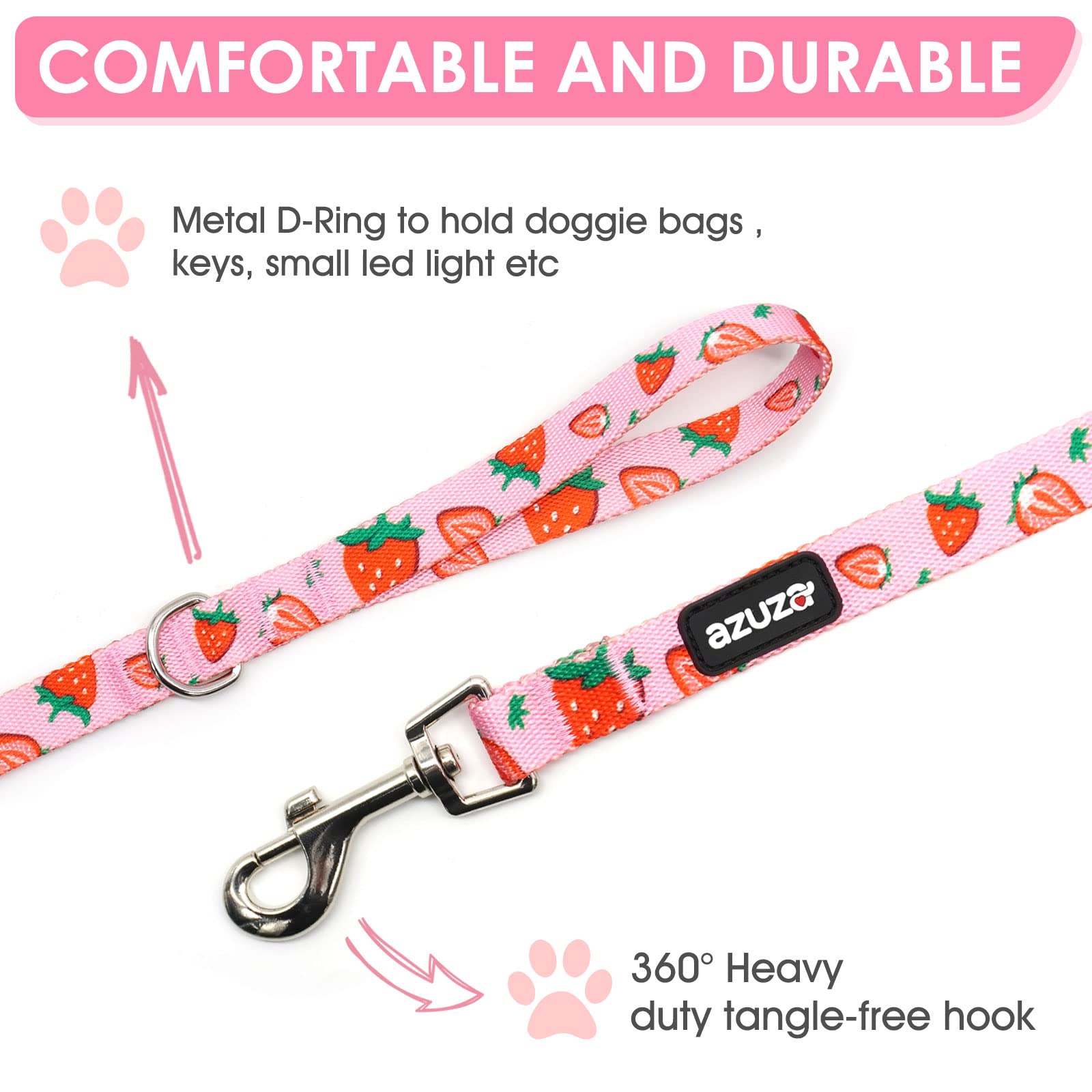 Azuza Dog Collar And Leash Set, Cute Strawberry Patterns On Pink Nylon Collar And Matching Leash, Great Option For Extra Small Dogs