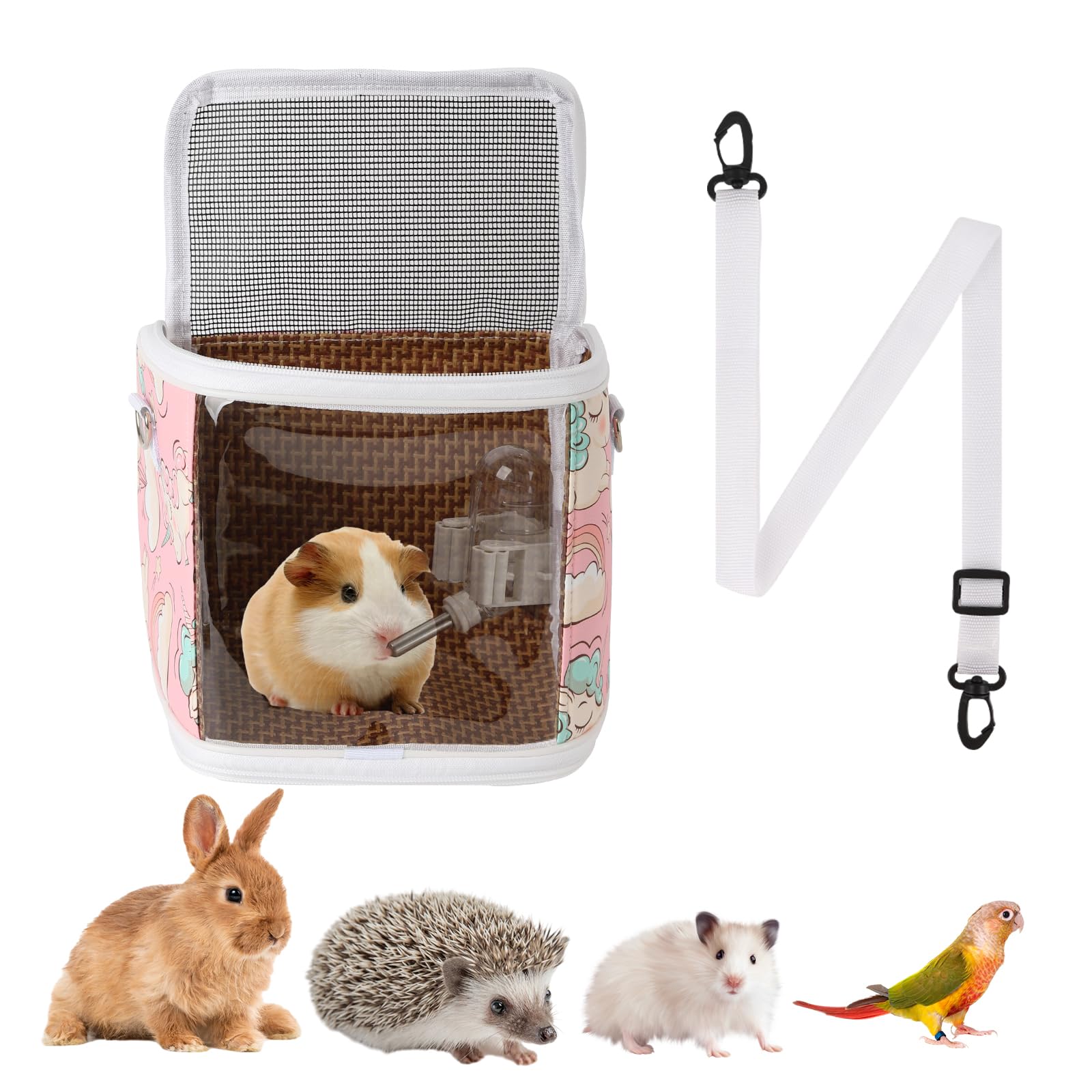 Guinea Pig Carrier Bag with Water Bottle,Travel Portable Small Animal Carrier Sling Pouch, Clear Window Carrier Backpack for Ham