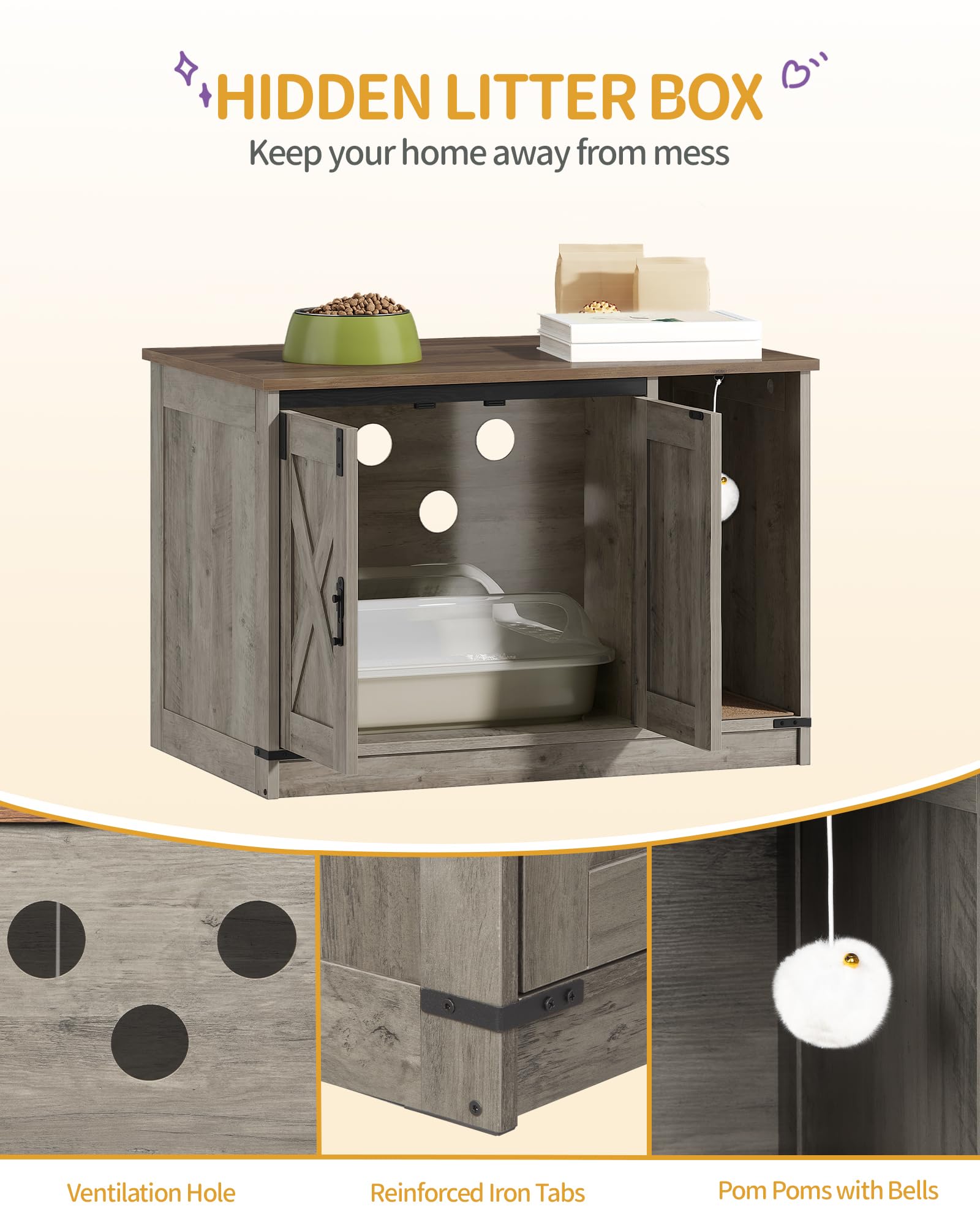 Hzuaneri Cat Litter Box Enclosure, Hidden Litter Box Cabinet Furniture with Bell, Indoor Cat House, Farmhouse Style, 31.5 x 19.7