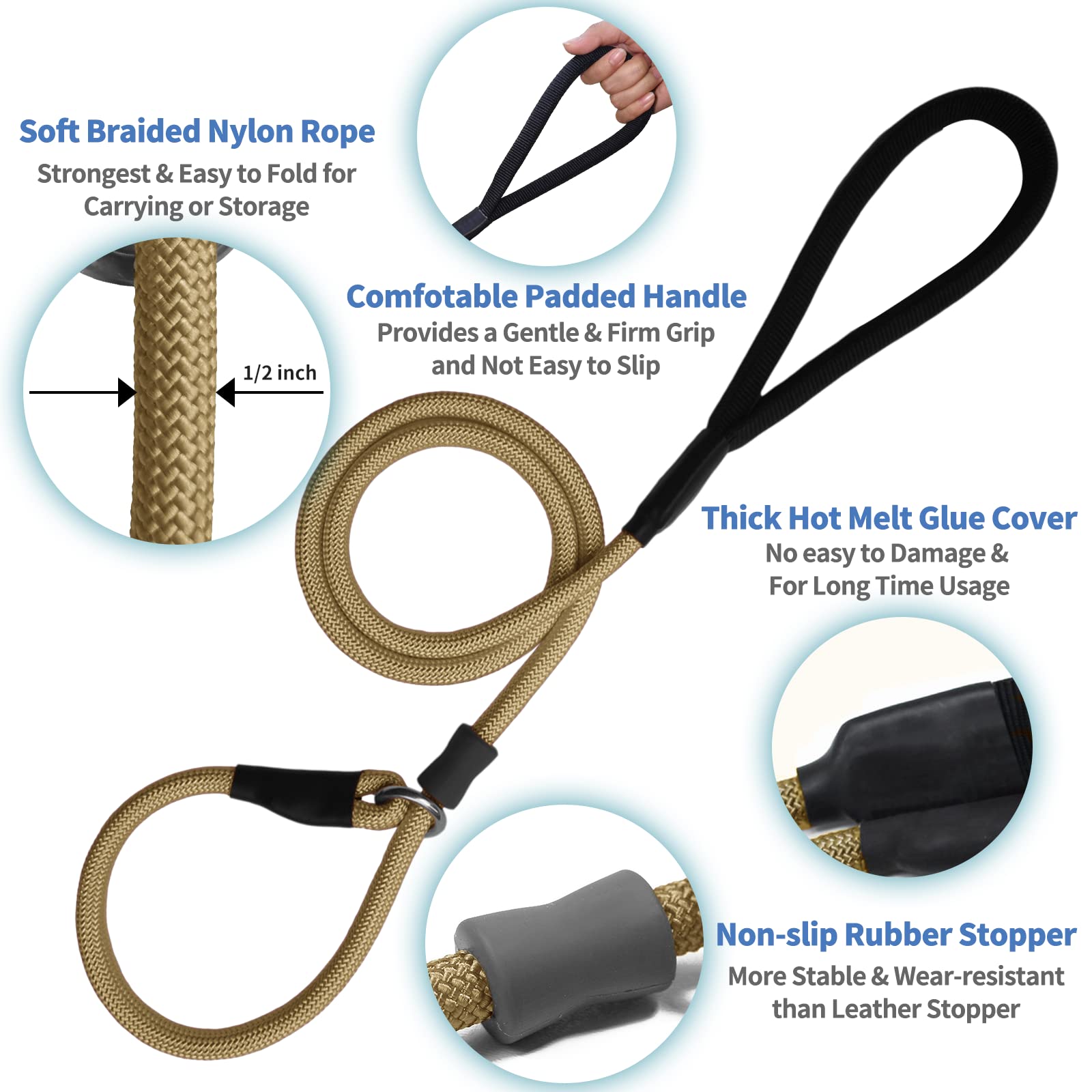 Strong Slip Rope Dog Training Leash (4Ft) - Heavy Duty Durable Braided Nylon Lead With Rubber Stopper & Padded Handle - No Pull