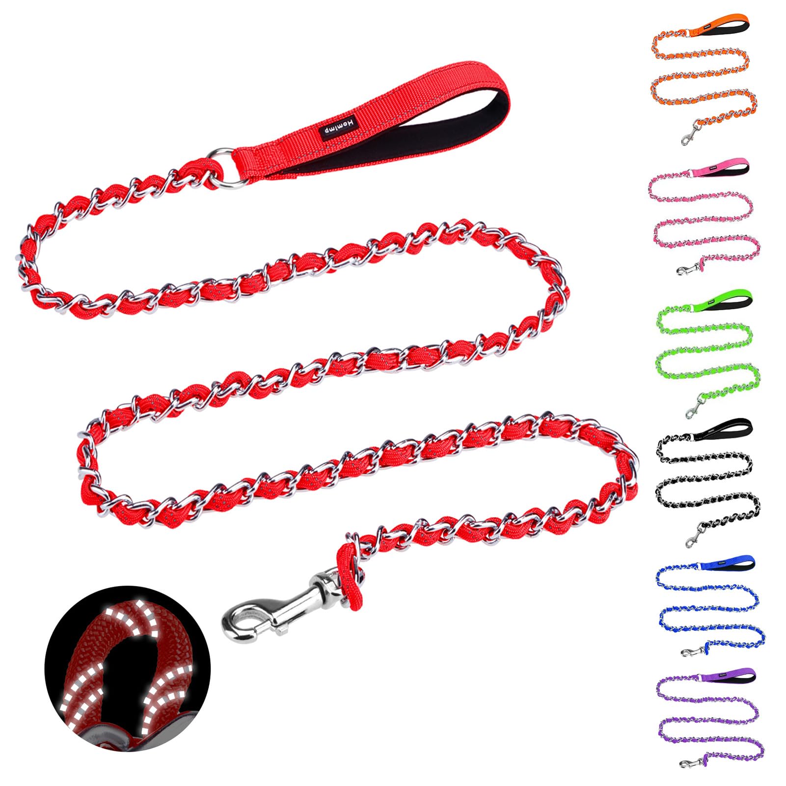 Homimp Chain Dog Leash - Reflective, Chew Proof Metal Leash For Large Dogs, 6 Ft With Comfortable Soft Padded Handle, Anti Bite 