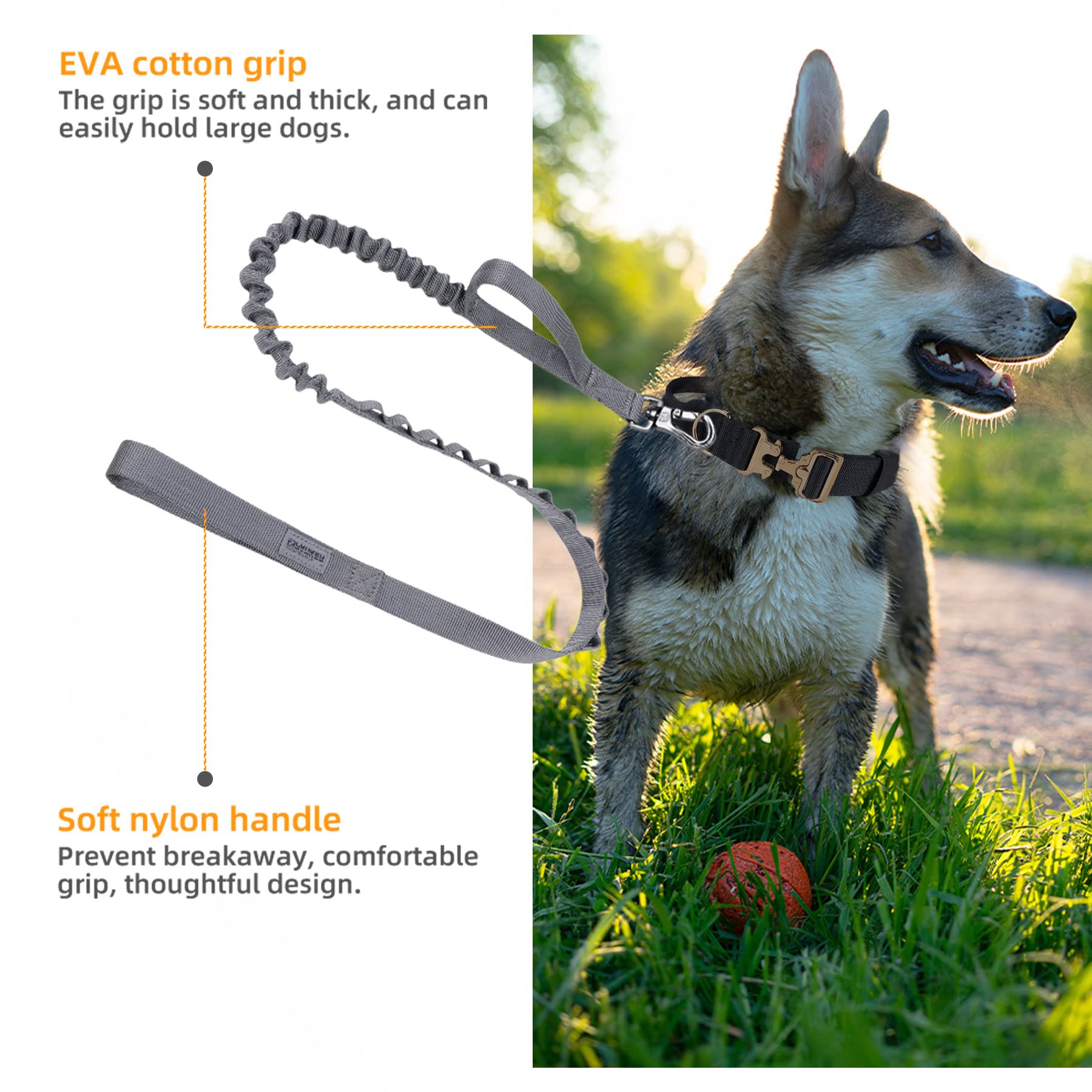 Excellent Elite Spanker Tactical Bungee Dog Leash Military Adjustable Dog Leash Quick Release Elastic Leads Rope With 2 Control Handle(Grey