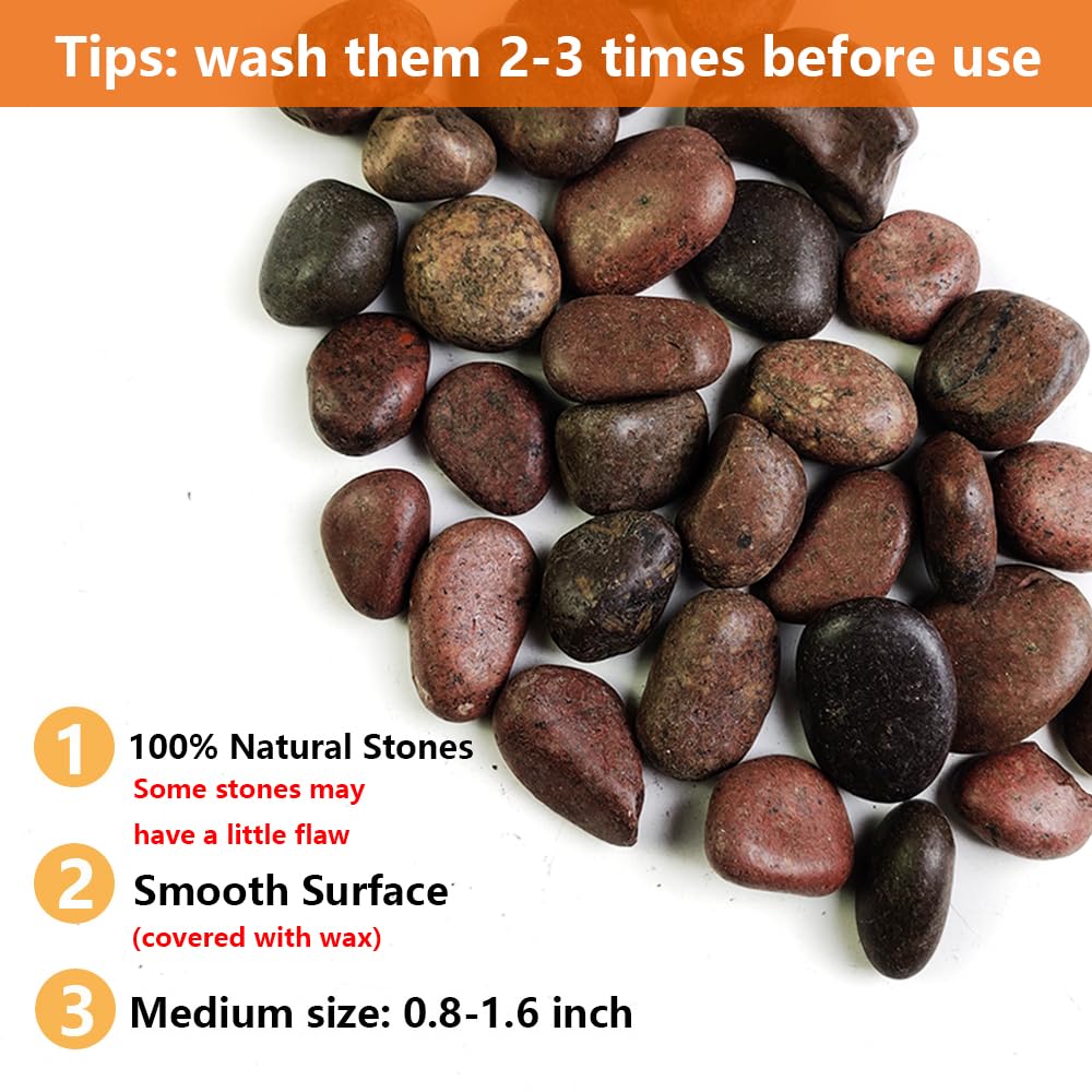 HappyFiller Natural Decorative Red Pebbles Polished Gravel Rocks Stones for Aquarium,Fish Turtle Tank,Outdoor Indoor Plants Top