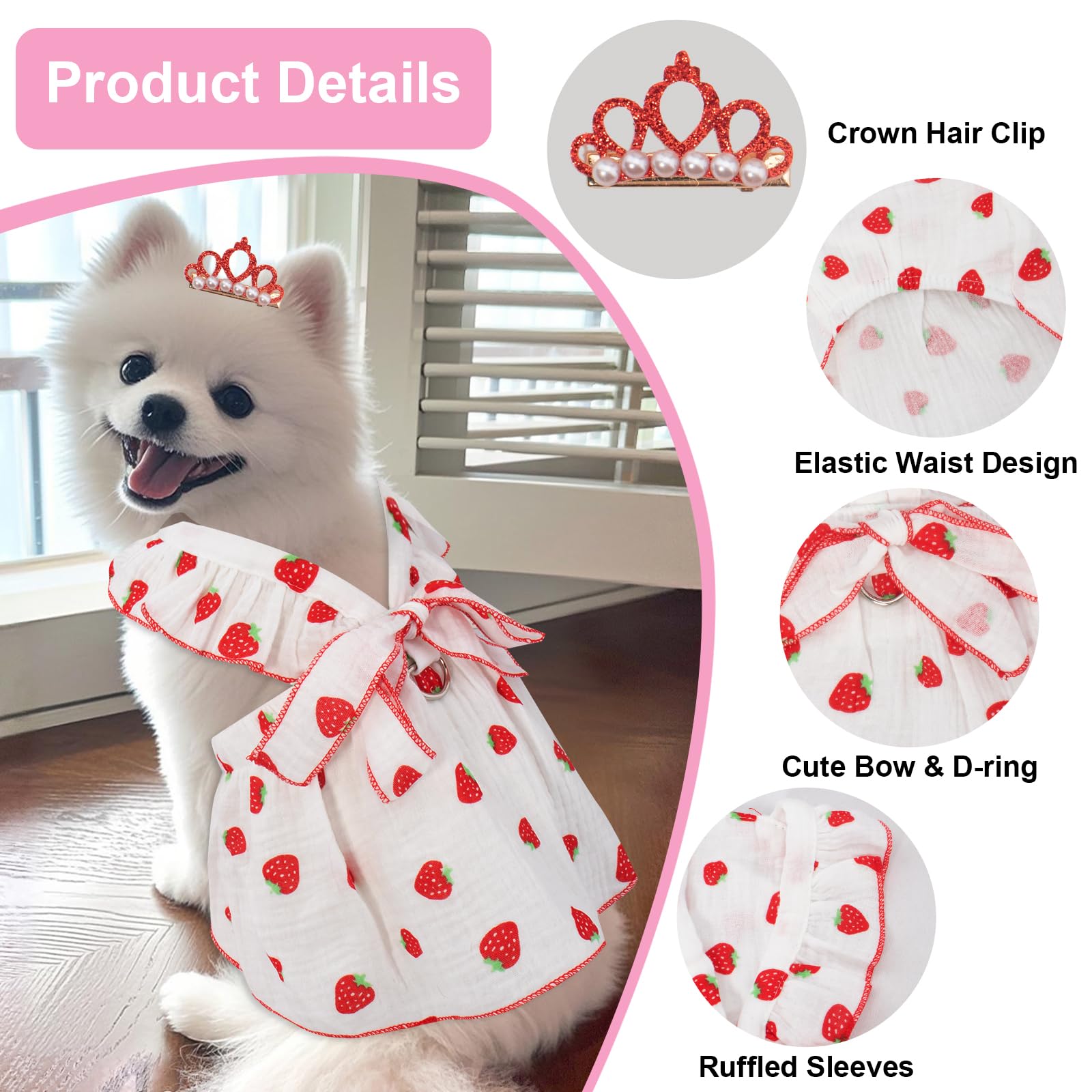 Dog Dresses For Small Dogs Girl, Puppy Dress Strawberry Print Cat Dress Summer Clothes Bow Skirt With Crown Hair Clip, Small Dog