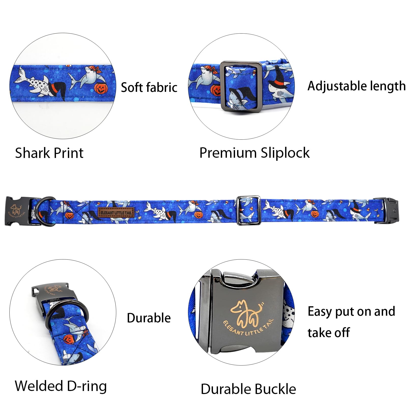 Elegant Little Tail Shark Print Halloween Puppy Collar - Cotton With Metal Buckle, Adjustable For X-Small Dogs