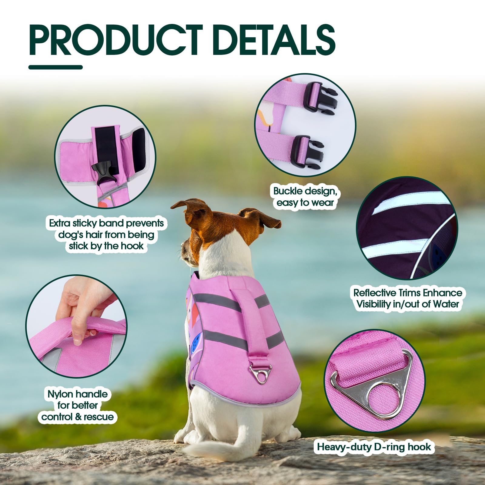 Kuoser Dog Life Jacket With Reflective Stripes, Puppy Water Vest For Swimming Boating, Adjustable High Visibility Dog Pfd Vest W