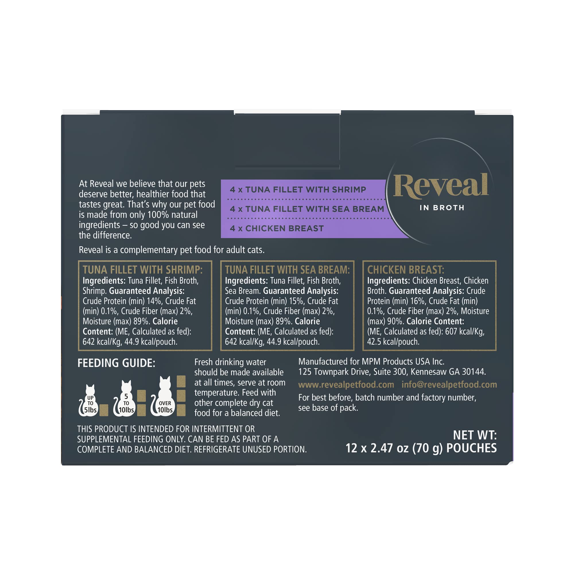 Reveal Natural Wet Cat Food, 12 Count, Grain Free, Limited Ingredient Cat Food Pouches, Tuna with Sea Bream in Broth, 2.47 oz Po