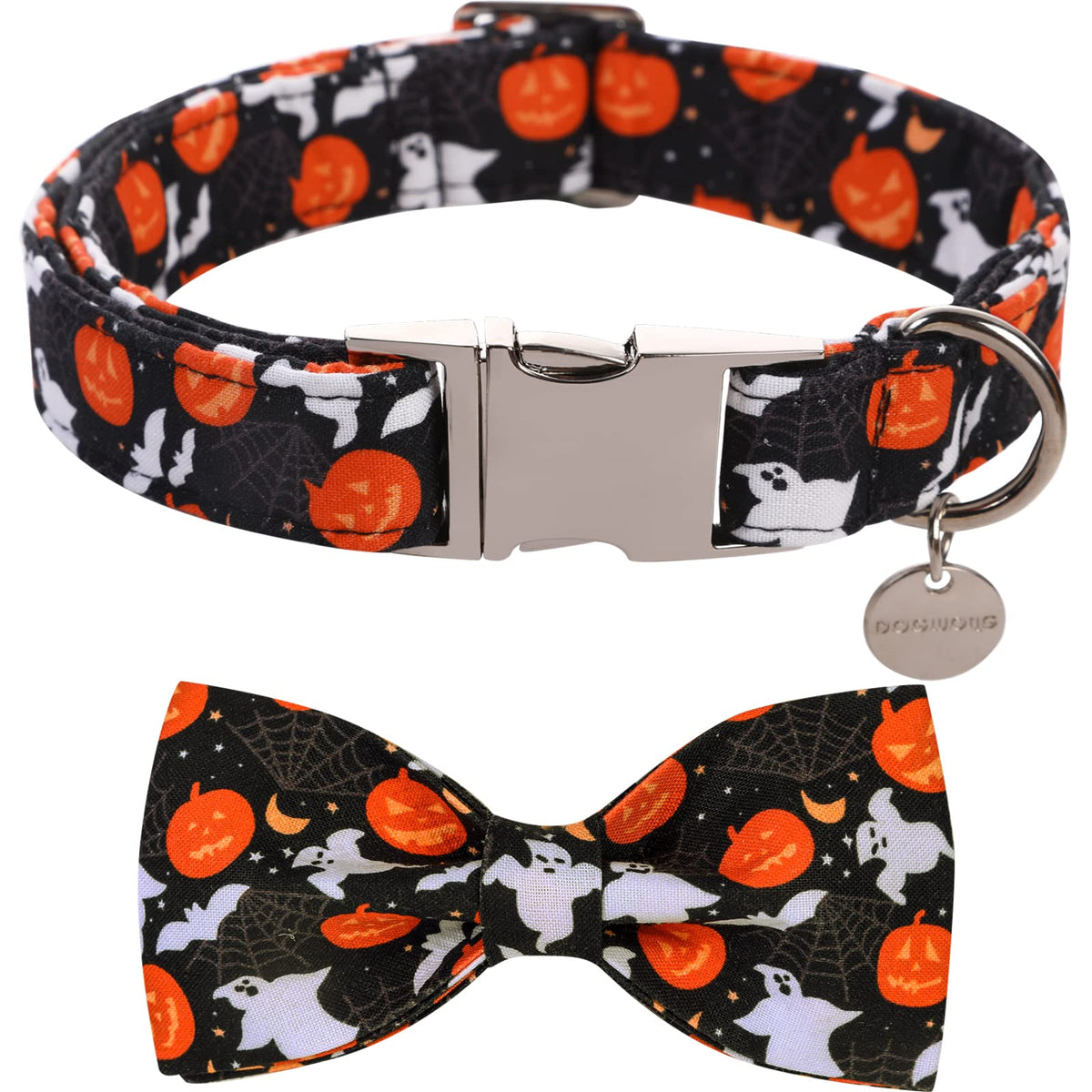 Dogwong Halloween Black Ghost Dog Collar With Removable Cute Bow Tie Adjustable Pet Collars, Soft Comfy Halloween Themed Pet Col