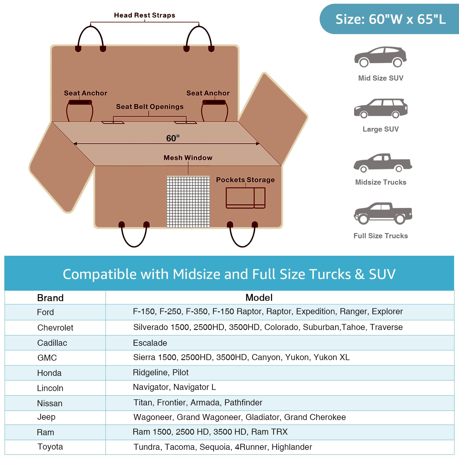 Lassie XL Truck Dog Seat Cover Back Seat, Dog Car Hammock for Large SUV and Trucks Compatible with F150 F250/Chevrolet Silverado