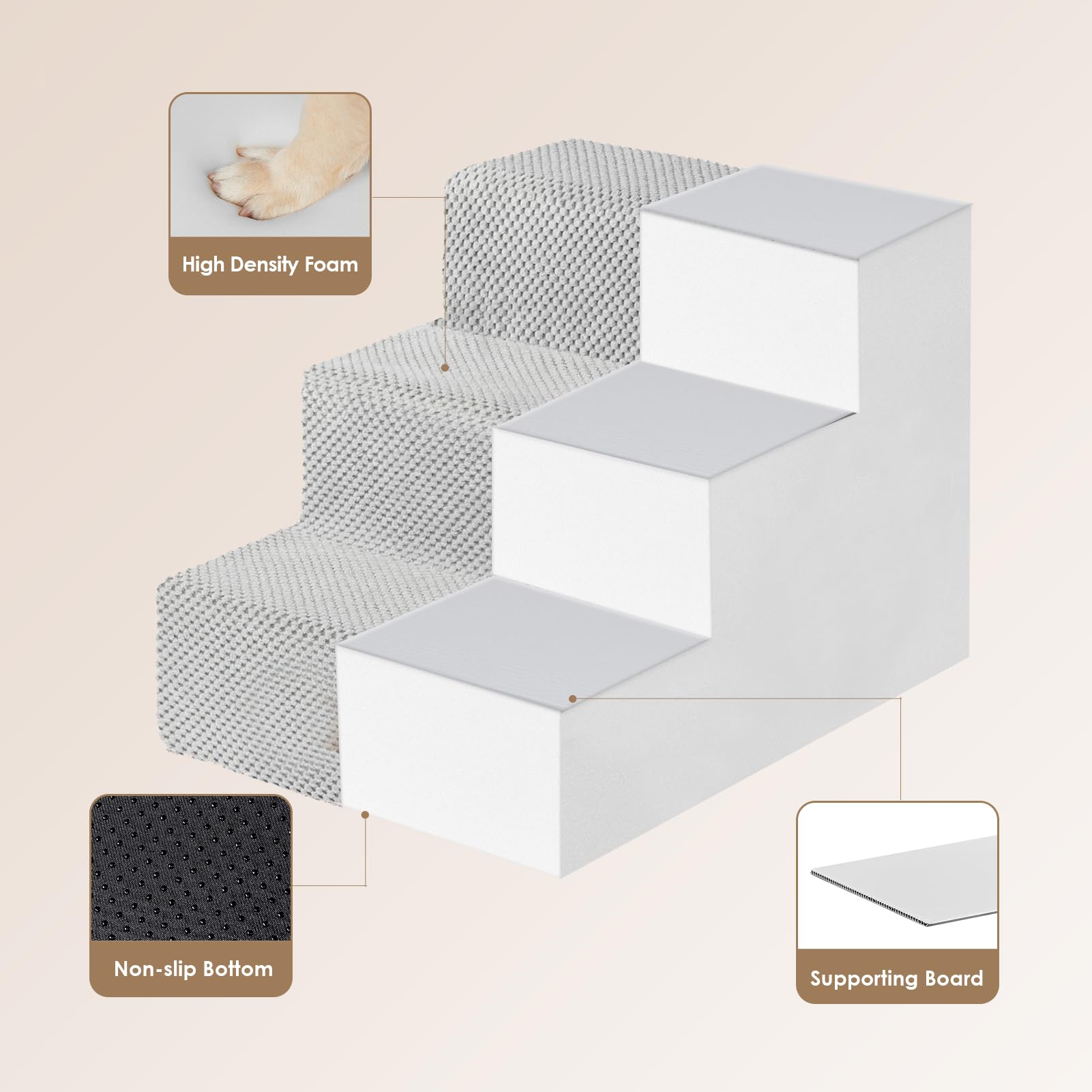 Eheyciga Dog Stairs For Small Dogs 13.5' H, 3-Step Dog Steps For Couch Sofa And Chair, Pet Steps For Small Dogs And Cats, Non-Slip Balanced Dog Indoor Ramp, Light Grey