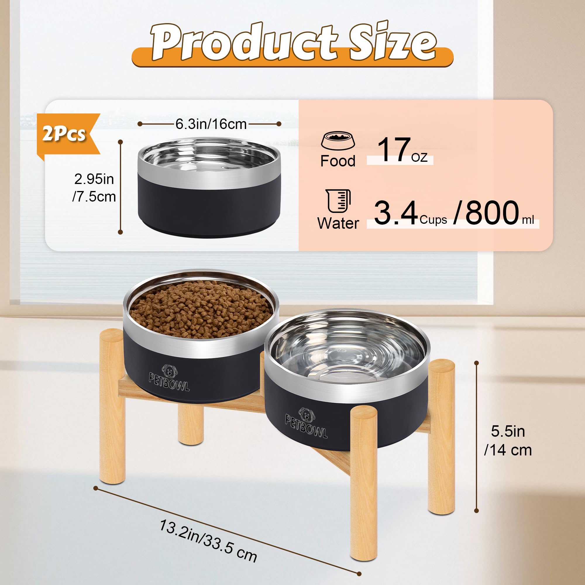 UPSKY Elevated Dog Bowls - 27oz Stainless Steel Anti-Spill Set with Wooden Stand, Double Raised Bowls for Small/Medium Dogs to R