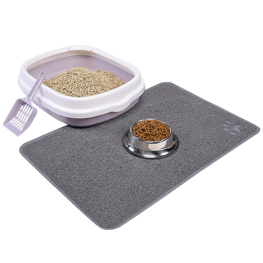 Cat Open Top Litter Box With Lid, Cat Litter Mat, Poop Lifter Scoop & Kitten Kitty Stainless Steel Feeding Dish Bowl, Cat Starter Kit 4 Pack For Small Cat Within 5 Months (Grey-Four Entries)