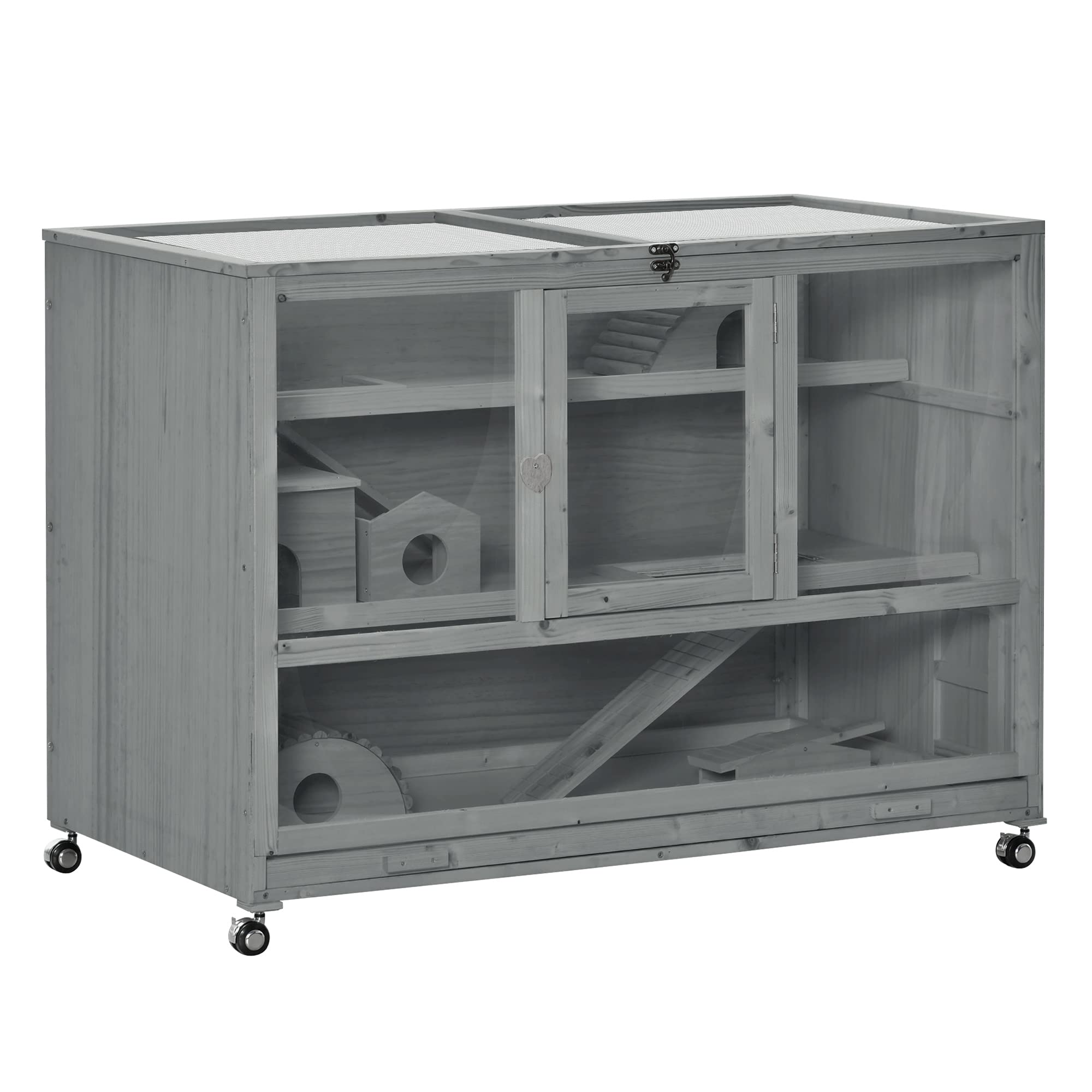 Pawhut Wooden Large Hamster Cage With Seesaw And Wheels, Small Animal Cage And Habitat, 3-Tier Hamster Habitat With Ladder, Dark