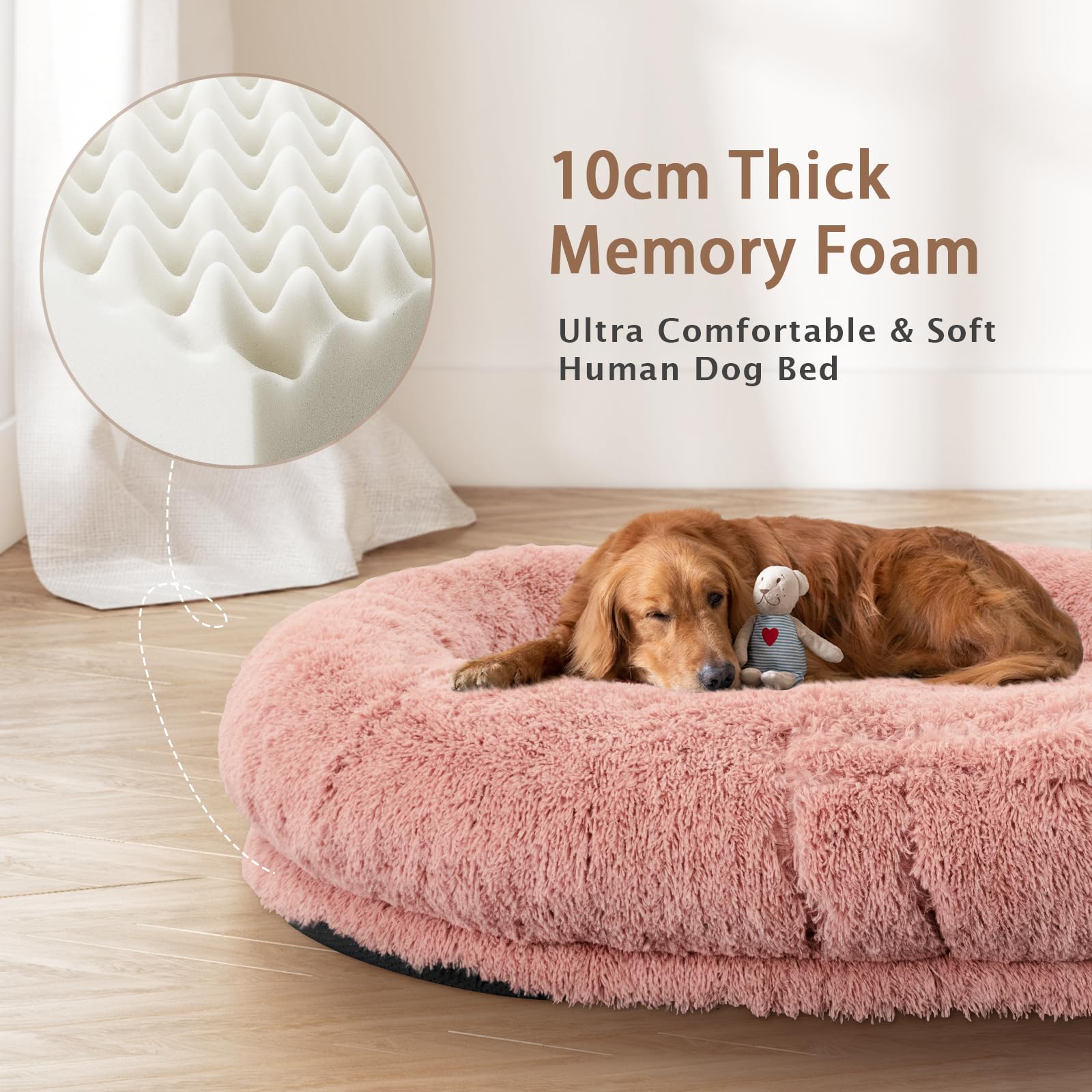 Roomtec Human Dog Bed - 71''X45''X12'' Giant Oversize Dog Bed With Memory Foam, Plump Pillow, Blanket, Strap - Pink